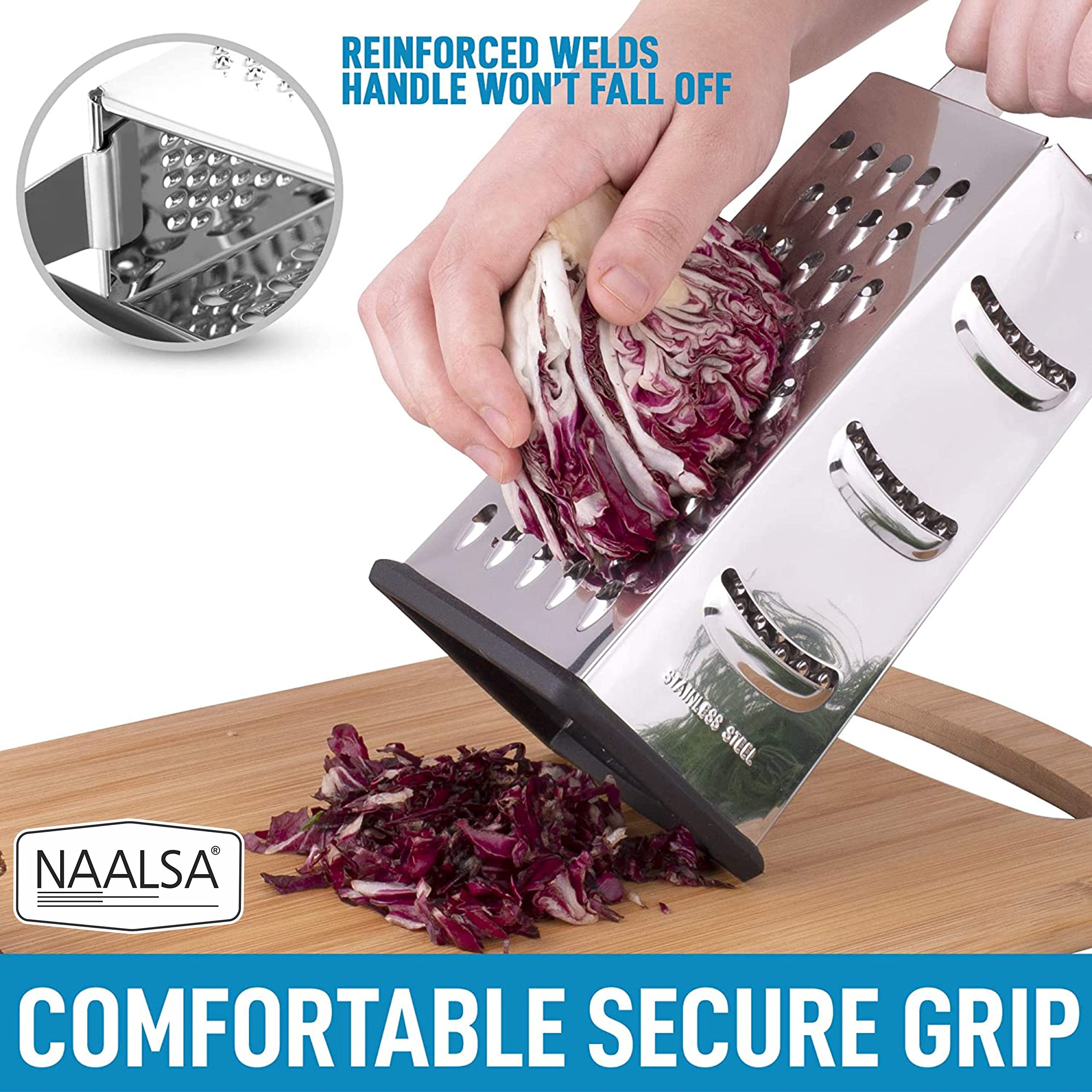 NAALSA - 9 Inch Stainless Steel Professional Multi-Purpose Grater, Vegetable Chopper & Slicer - Perfect for Cheese, Carrots, Cucumbers & More - Ideal for Salads, Meal Prep & Home Cooking