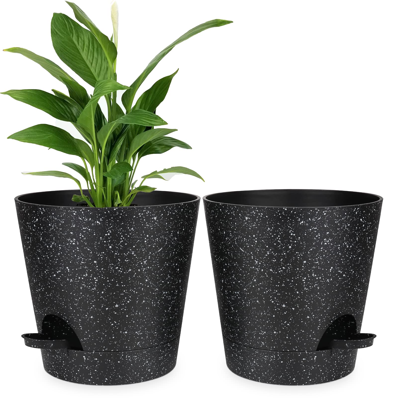 8 Inch Speckles Plastic Self-Watering Plant Pots with Drainage Holes & Saucers - Indoor Flower Planters for Home, Office, Garden Decor (Black)