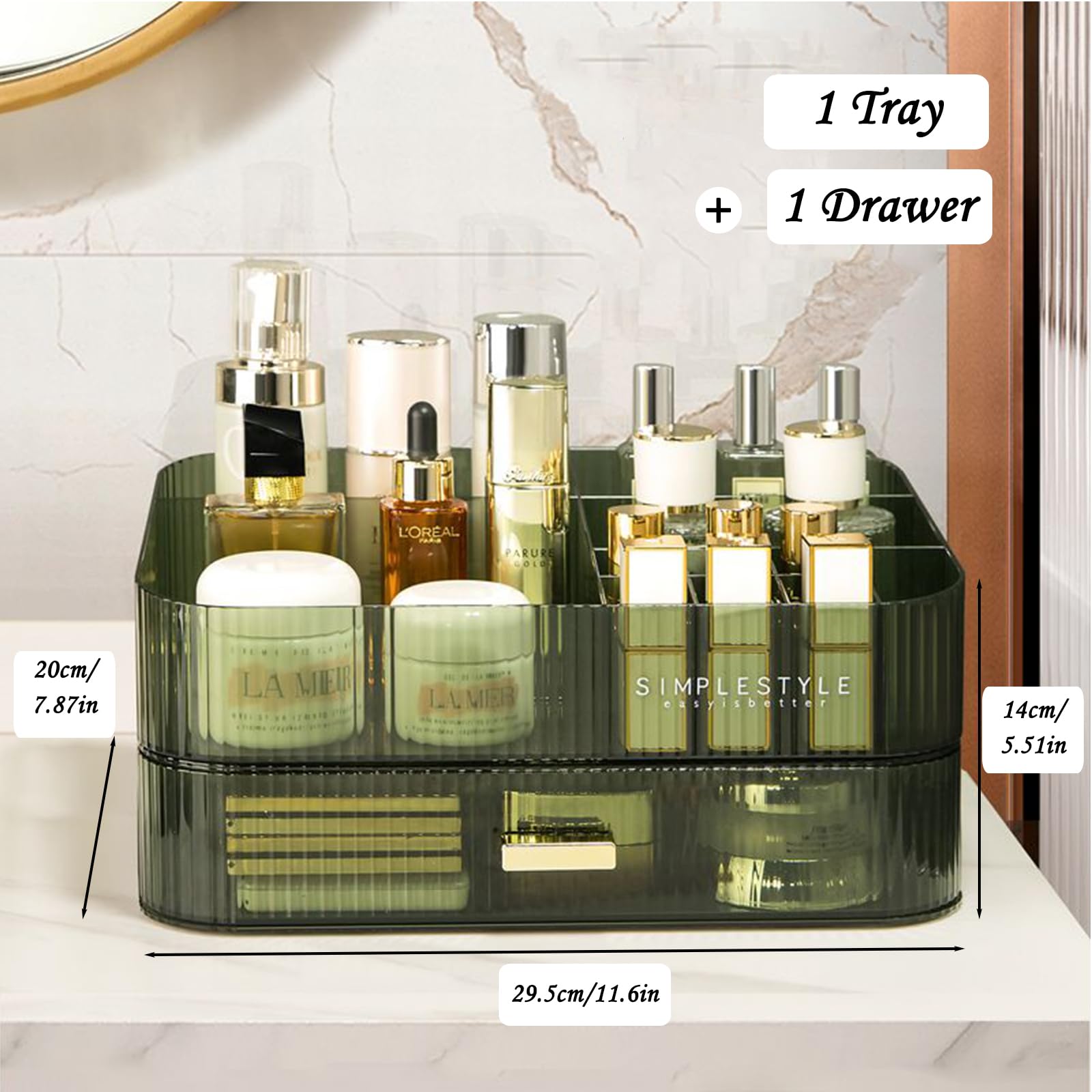 Stackable Makeup Organizer with Drawers - Large Cosmetic Storage Box for Makeup Brushes, Lipsticks & Skincare | Perfect for Bathroom Vanity, Dresser & Travel Organization (1 Tray, Green)