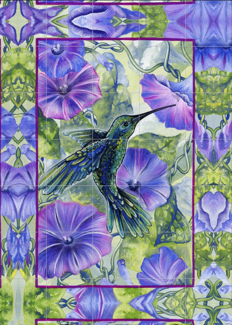 Hand-Painted Ceramic Hummingbird Backsplash Tile Mural - Morning Glory Floral Design by Denise Freeman for Kitchen & Bathroom Wall Decor - Perfect for Farmhouse, Cottage & Bohemian Style Homes