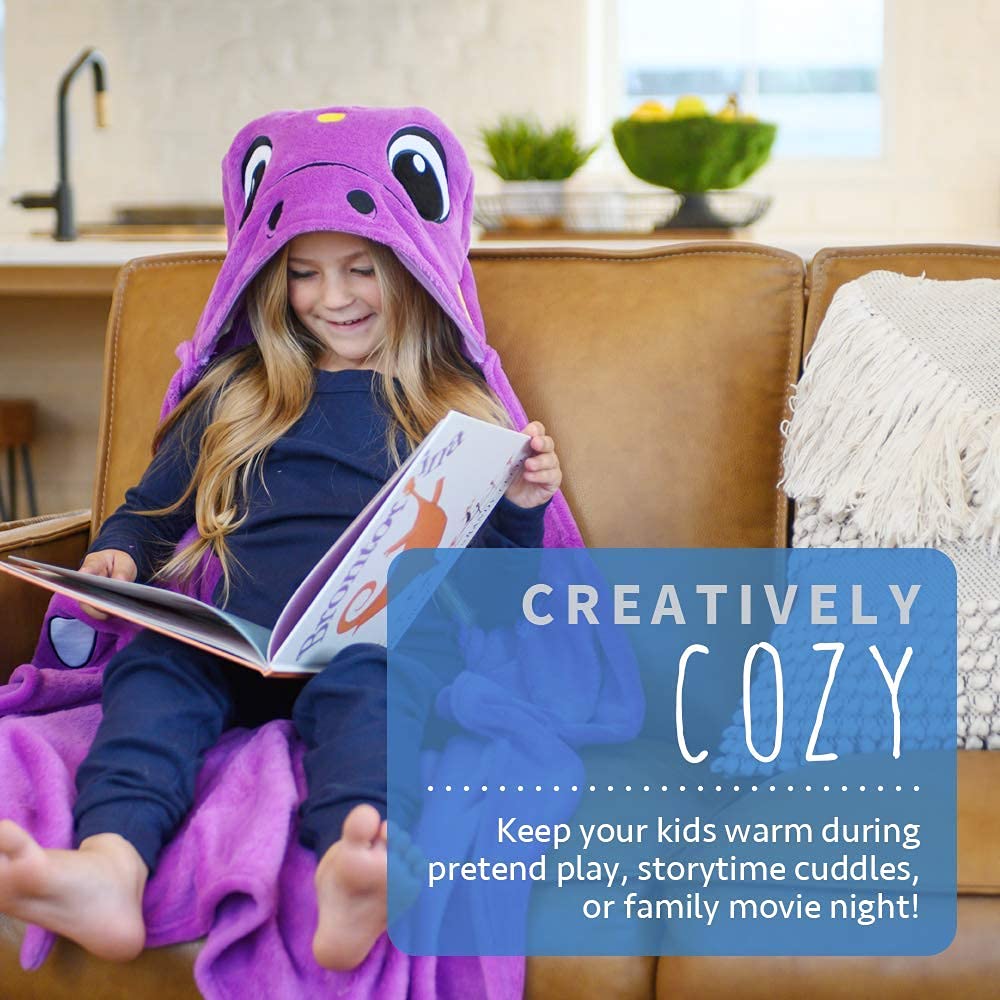 **Purple Dinosaur Hooded Blanket for Kids - Soft & Cozy Fleece Wearable Blanket Hoodie - Machine Washable, 40