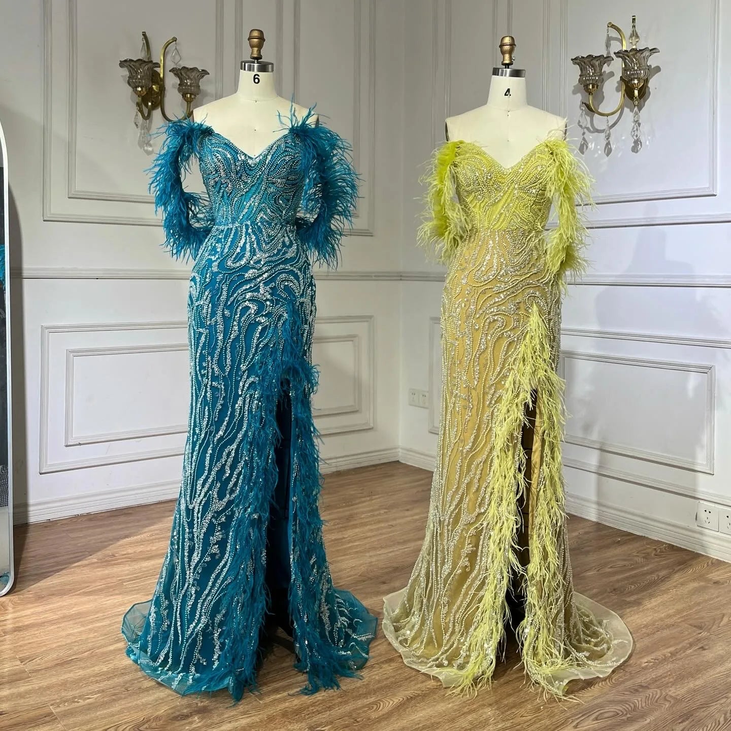 Serene Hill Turquoise Spaghetti Strap High Split Mermaid Beaded Feathers Evening Gown for Women - Elegant Wedding Party Dress 2025 LA72602 | Perfect for Prom, Gala, Cocktail Party & Formal Events