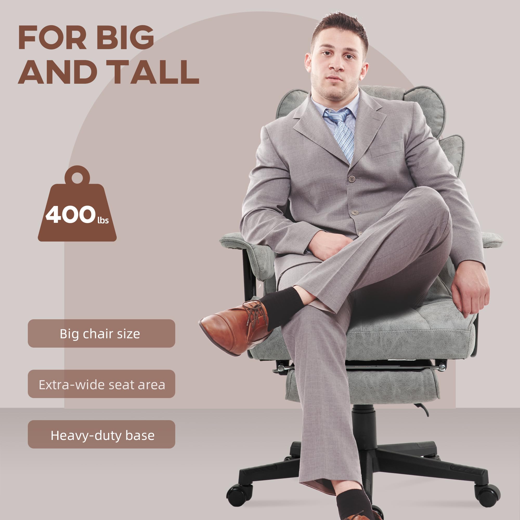 HOMCOM 400LBS Big and Tall Executive Office Chair with Footrest - Ergonomic Reclining Computer Desk Chair with Lumbar Support & Wide Seat - Gray Microfiber - Perfect for Home Office, Gaming & Workspaces