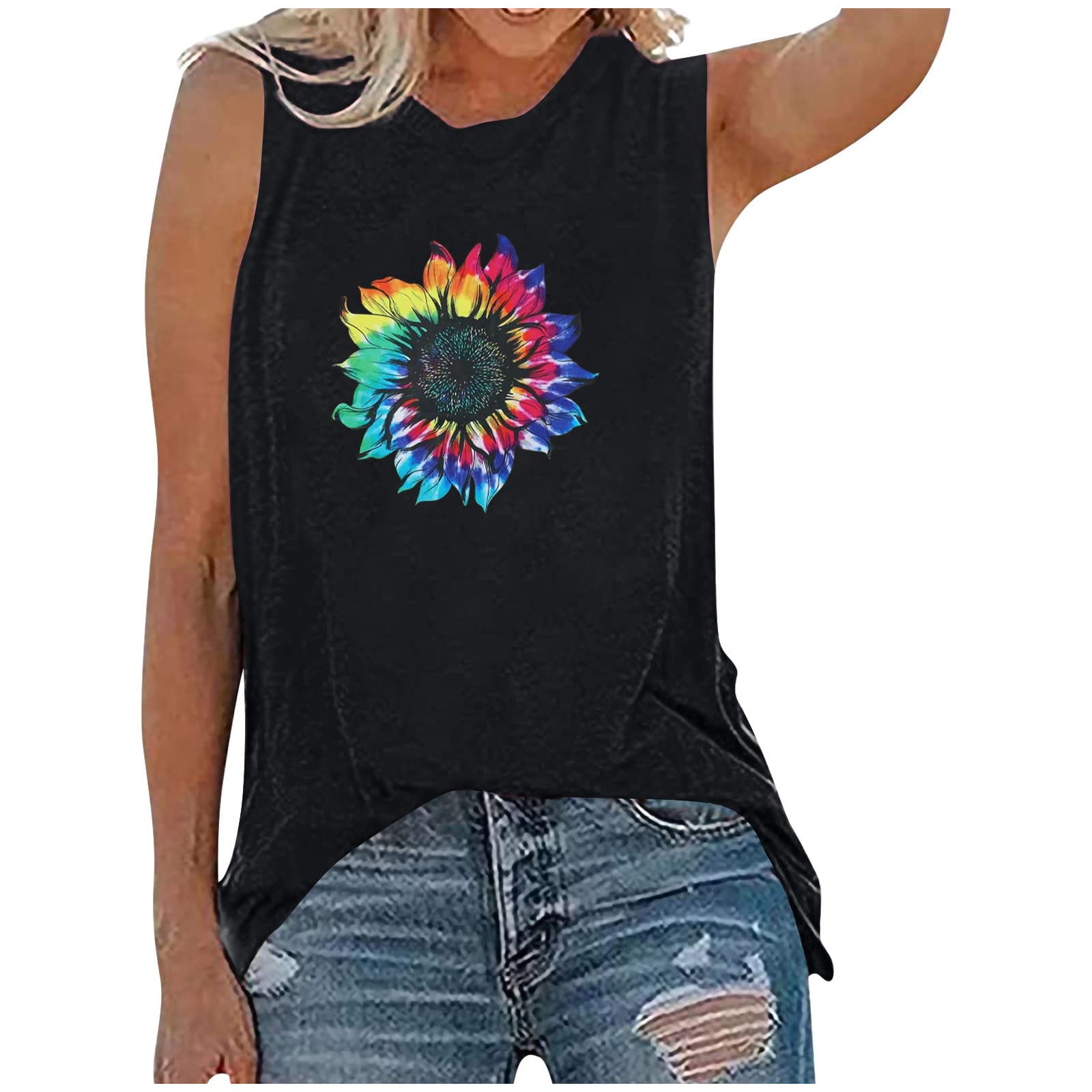 Women's Sunflower Graphic Tank Top - Casual Floral Crewneck Sleeveless Blouse, Loose Fit Summer Tops | Perfect for Beach Outings, Music Festivals & Everyday Wear