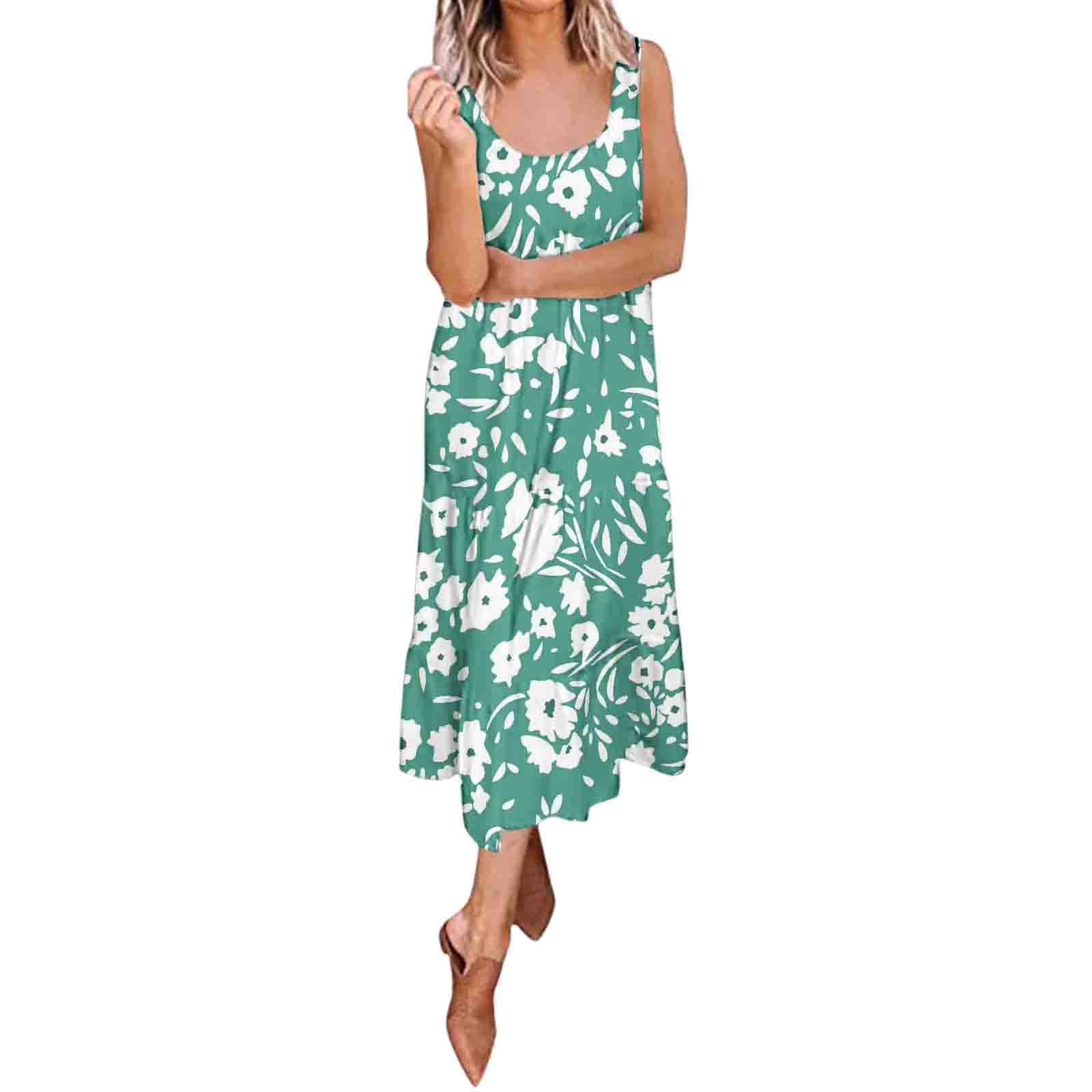Women's Floral Print Scoop Neck Sleeveless Summer Dress - Casual Loose Swing Midi Dress for Beach, Vacation & Outdoor Activities