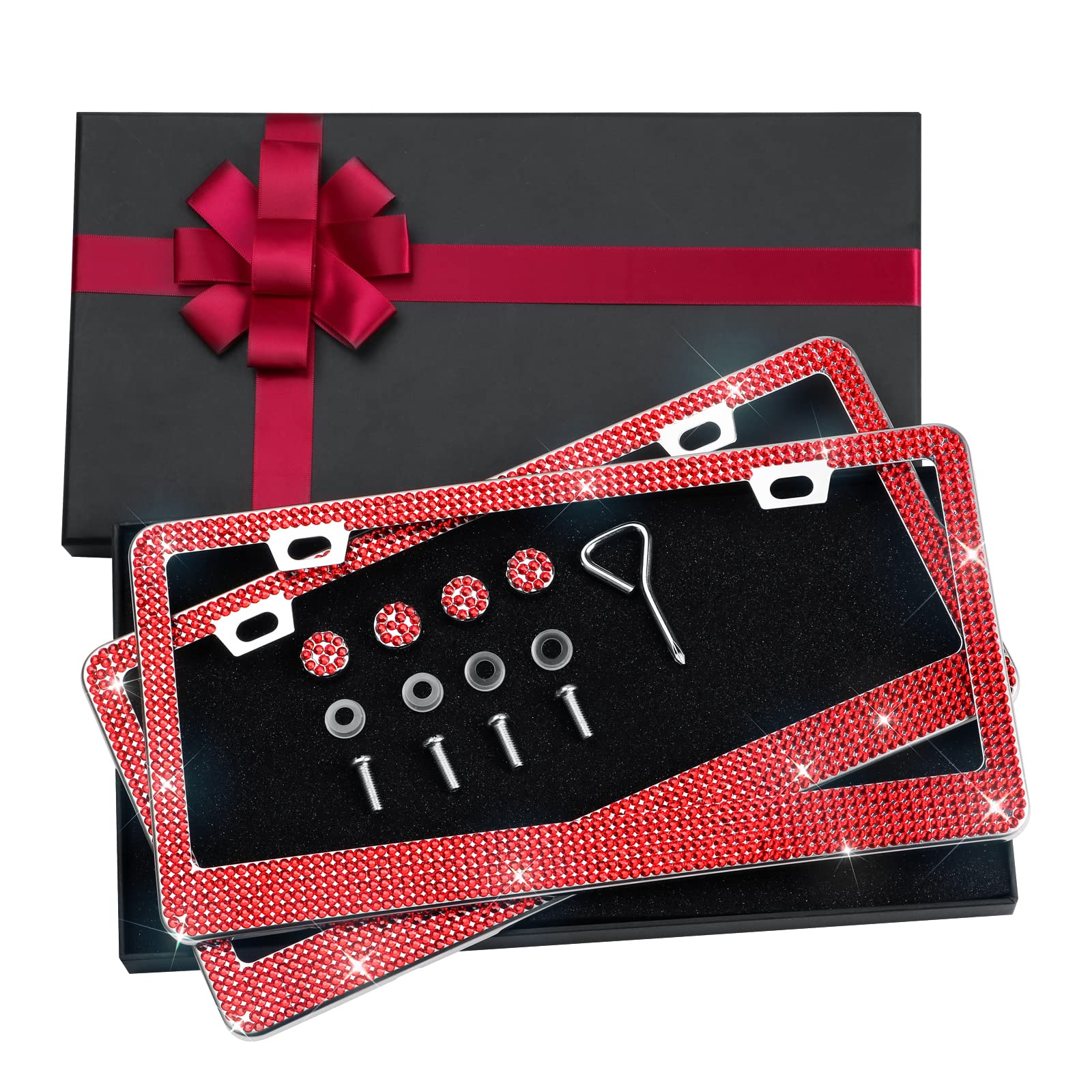 2 Pack Red Rhinestone Bling License Plate Frames for Women - Glitter Crystal Decorative Car Accessories with Screw Caps, Premium Stainless Steel Handcrafted Design - Perfect for Cars, SUVs & Trucks (Red)