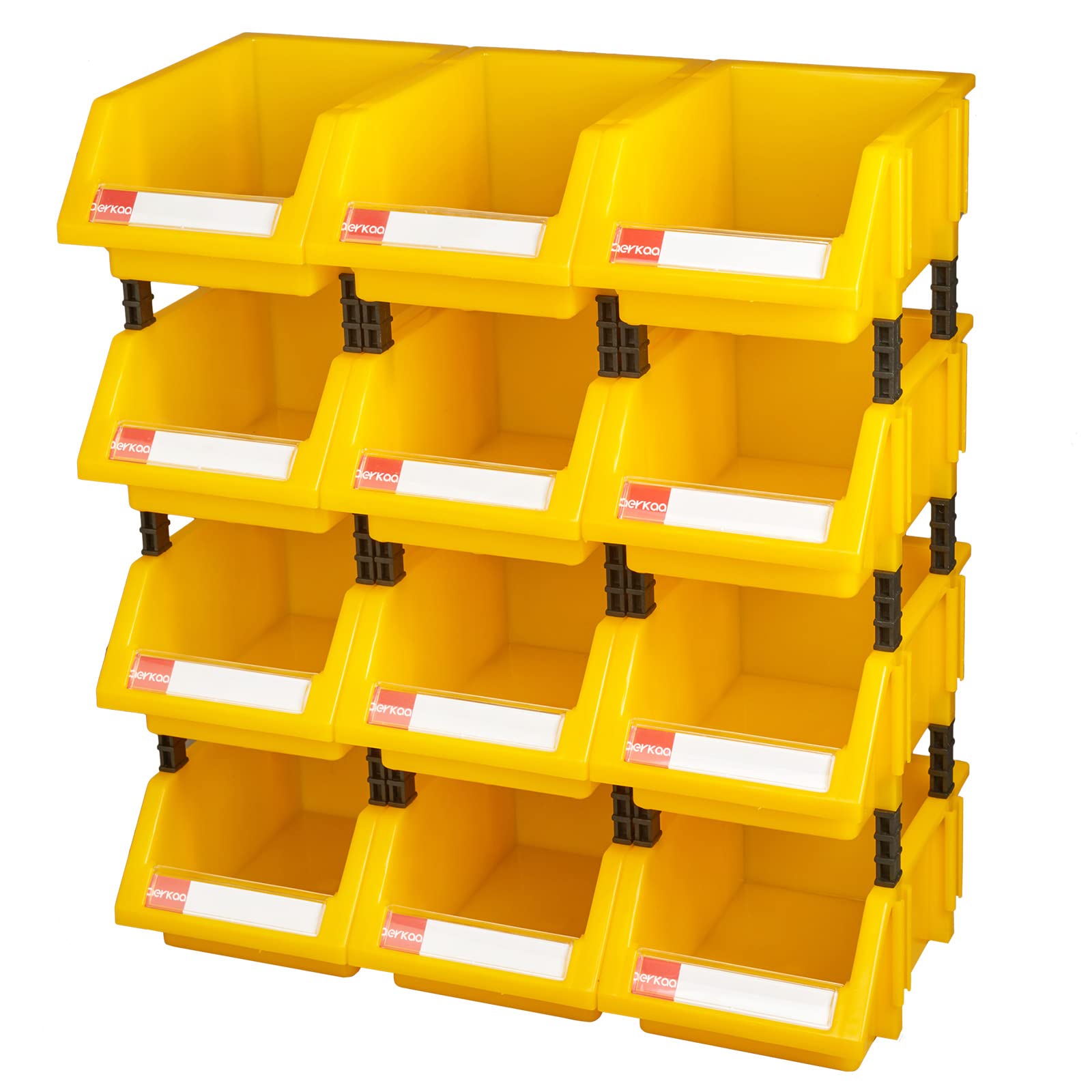 Heavy Duty Stackable Small Parts Organizer Bins - 12 Pack Yellow Plastic Storage Containers for Tools, Hardware, Crafts & DIY Projects
