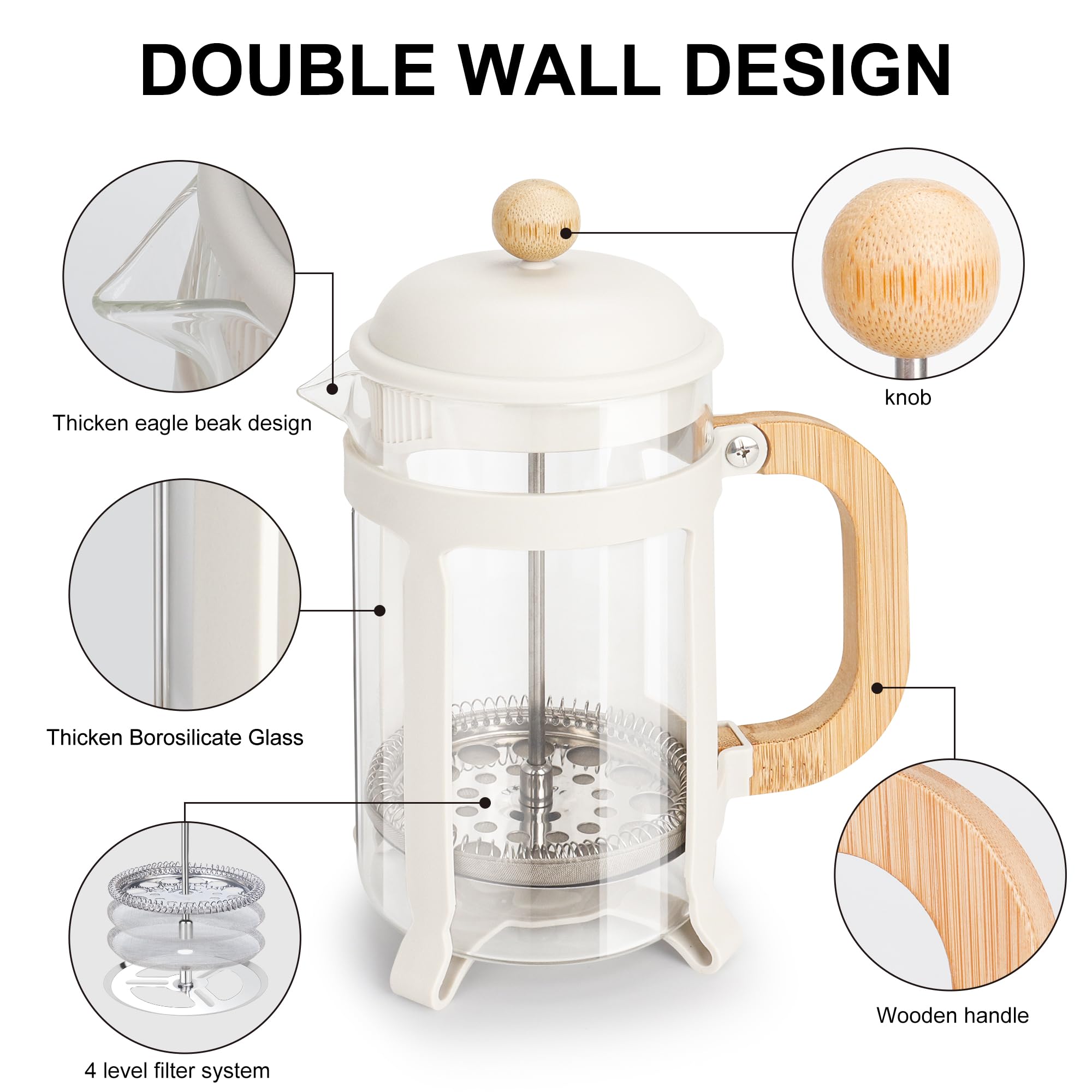 Premium 28oz French Press Coffee & Tea Maker - 304 Stainless Steel with Heat-Resistant Glass - White - Perfect for Home, Office & Camping Brewing