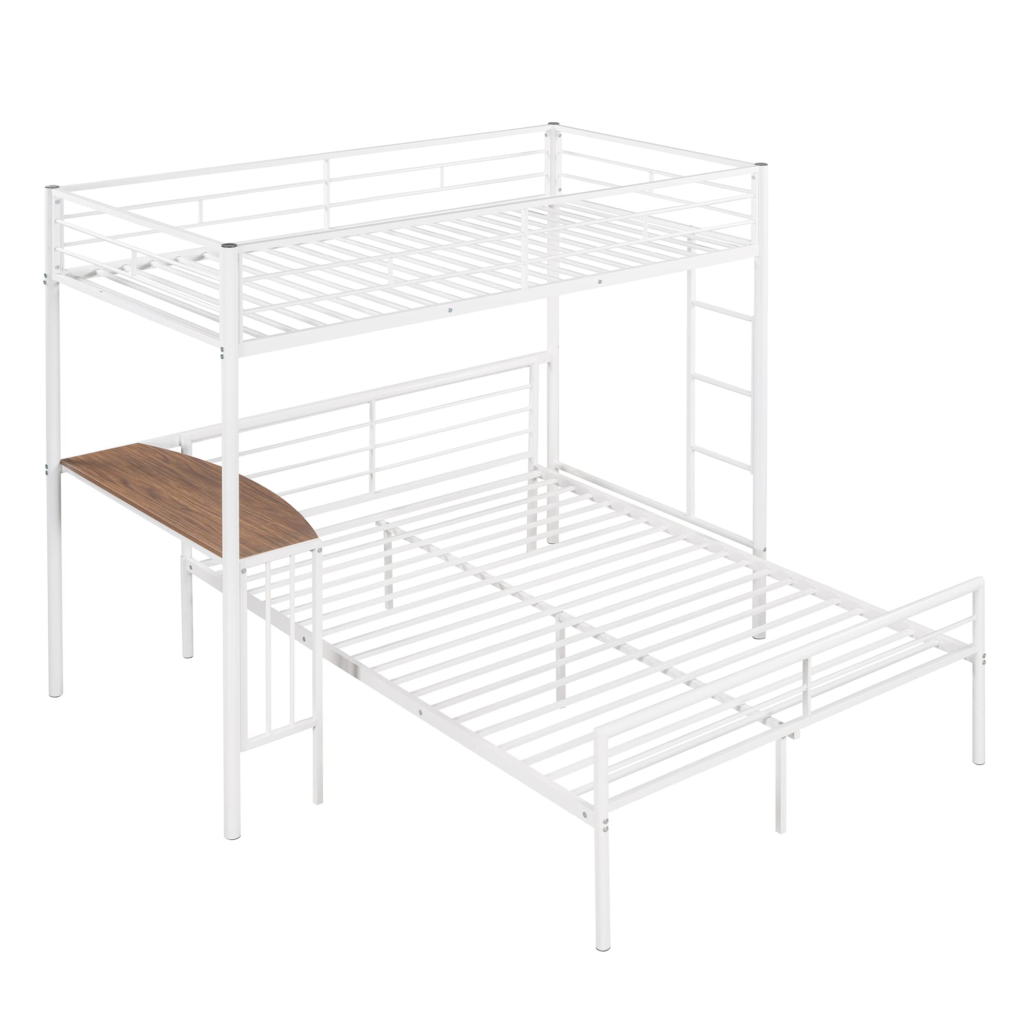 Twin Over Full Metal Bunk Bed with Study Desk, Safety Ladder & Reinforced Slats - Space Saving Kids Bedroom Furniture (White) - Perfect for Small Rooms, Shared Kids' Bedrooms & Dormitories