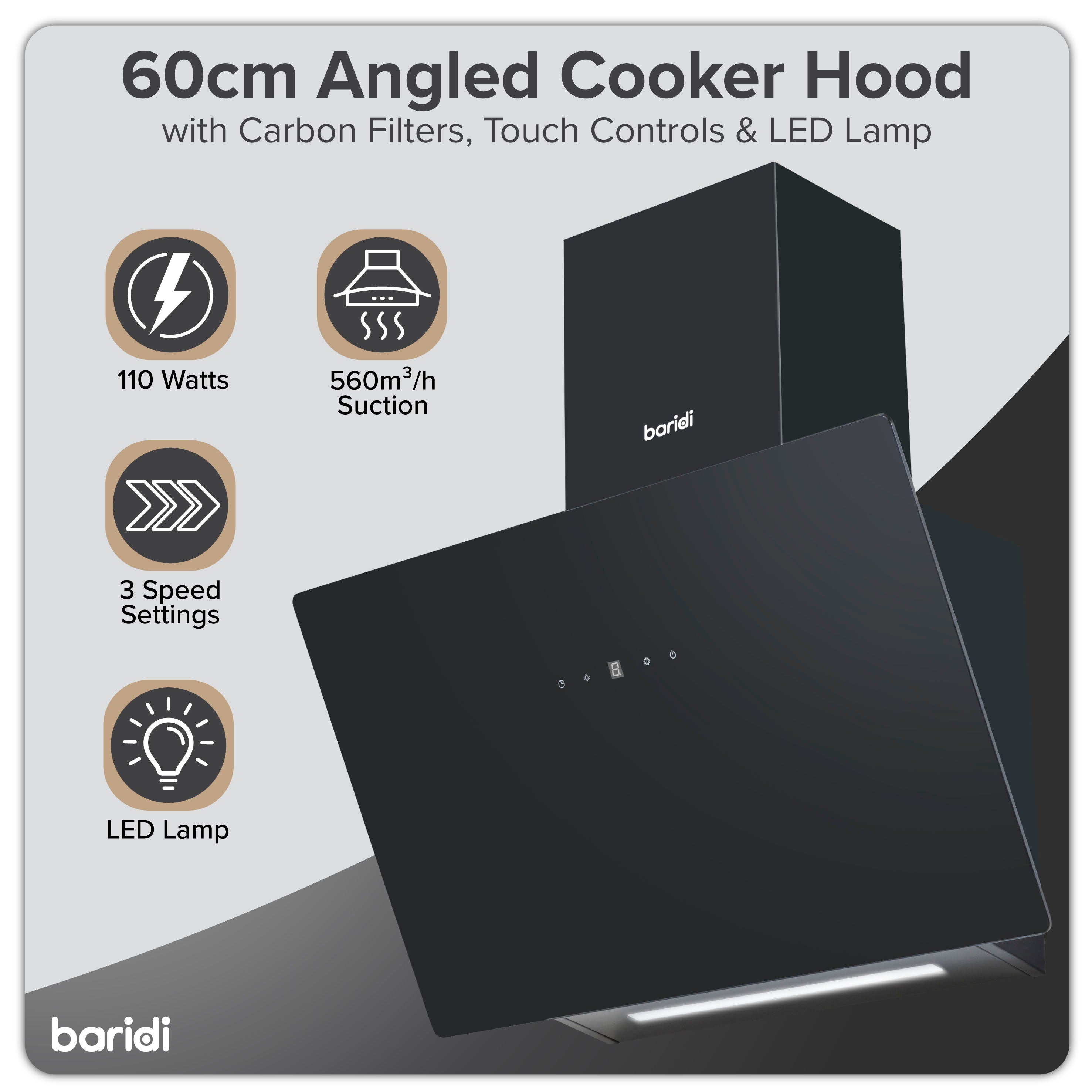 Baridi 60cm Angled Chimney Range Hood with Carbon Filters - Touch Control & LED Lighting - Black Glass Kitchen Exhaust Fan - Perfect for Modern Kitchens, Apartments & Open-Plan Homes (Model DH105)