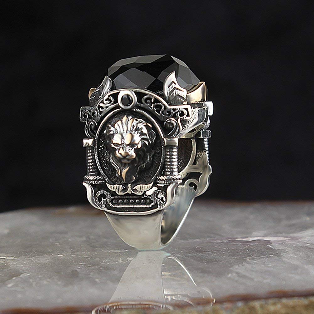 Large Lion Ring with CZ Stones in Black Sterling Silver - Unique Handmade Jewelry for Men & Women | Perfect Birthday Gift (RP1231) | Ideal for Parties, Weddings & Fashion Statements