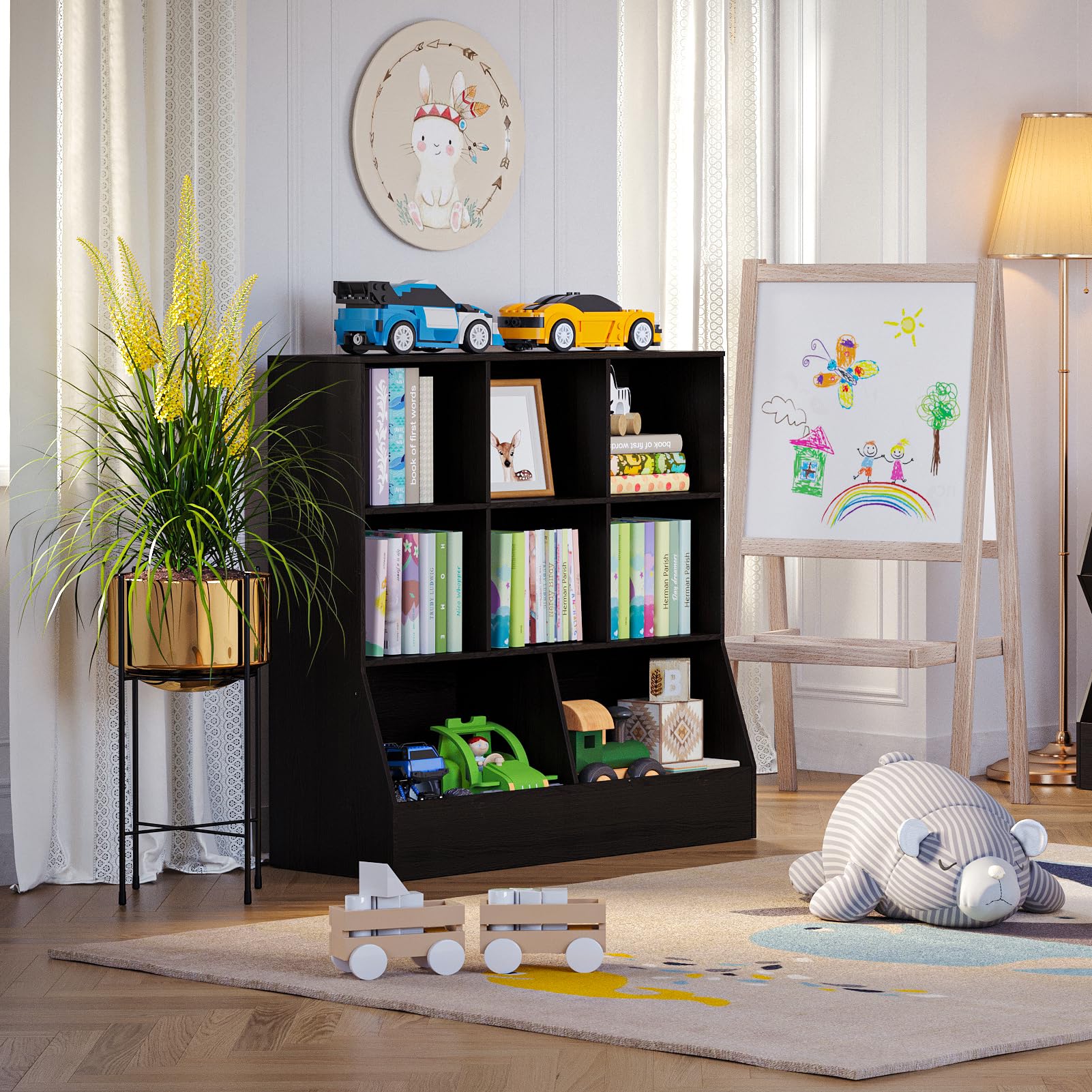 DINZI LVJ 8-Cubby Kids Wooden Toy Storage Organizer & Bookshelf - Espresso Wood Storage Cabinet for Playroom, Bedroom, Nursery - 35.4