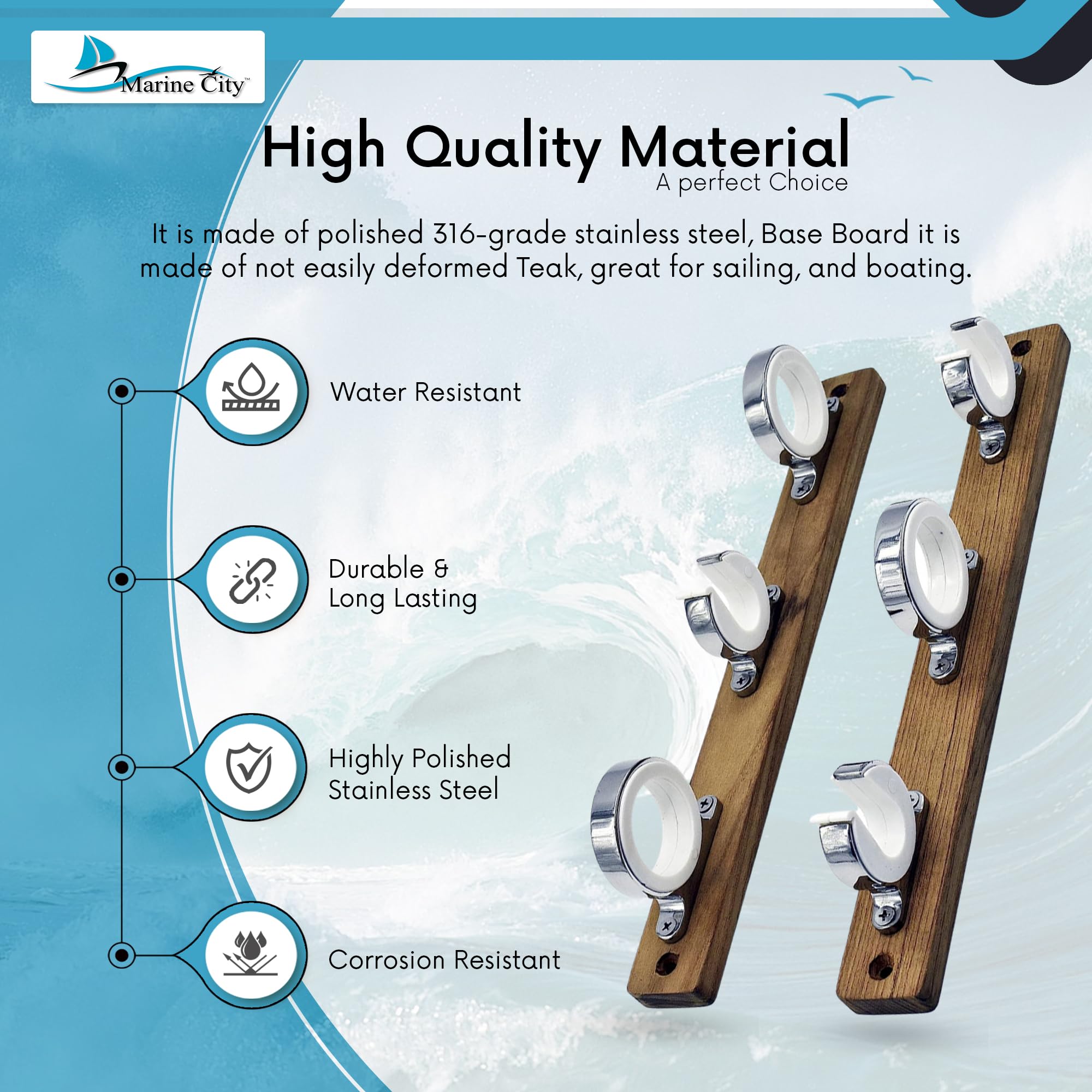 Premium Teak Wood 3-Rod Fishing Reel Holder with 316 Stainless Steel Hooks - Marine Grade Boat Rod Storage Rack for Saltwater & Freshwater Anglers (2.71 Inch Length) - Perfect for Boats, Yachts, Trucks, RV Camping & Garage Organization