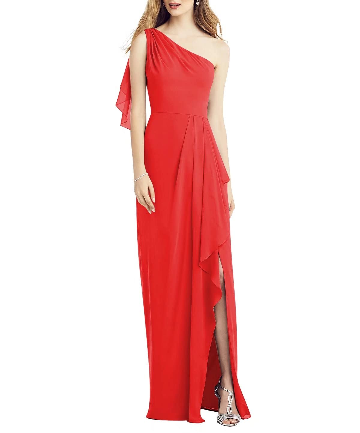 Elegant A-Line One Shoulder Bridesmaid Dresses - Sleeveless Floor-Length Formal Gown with Front Slit & Ruffle Detail | Perfect for Weddings, Prom, Evening Parties & Special Occasions