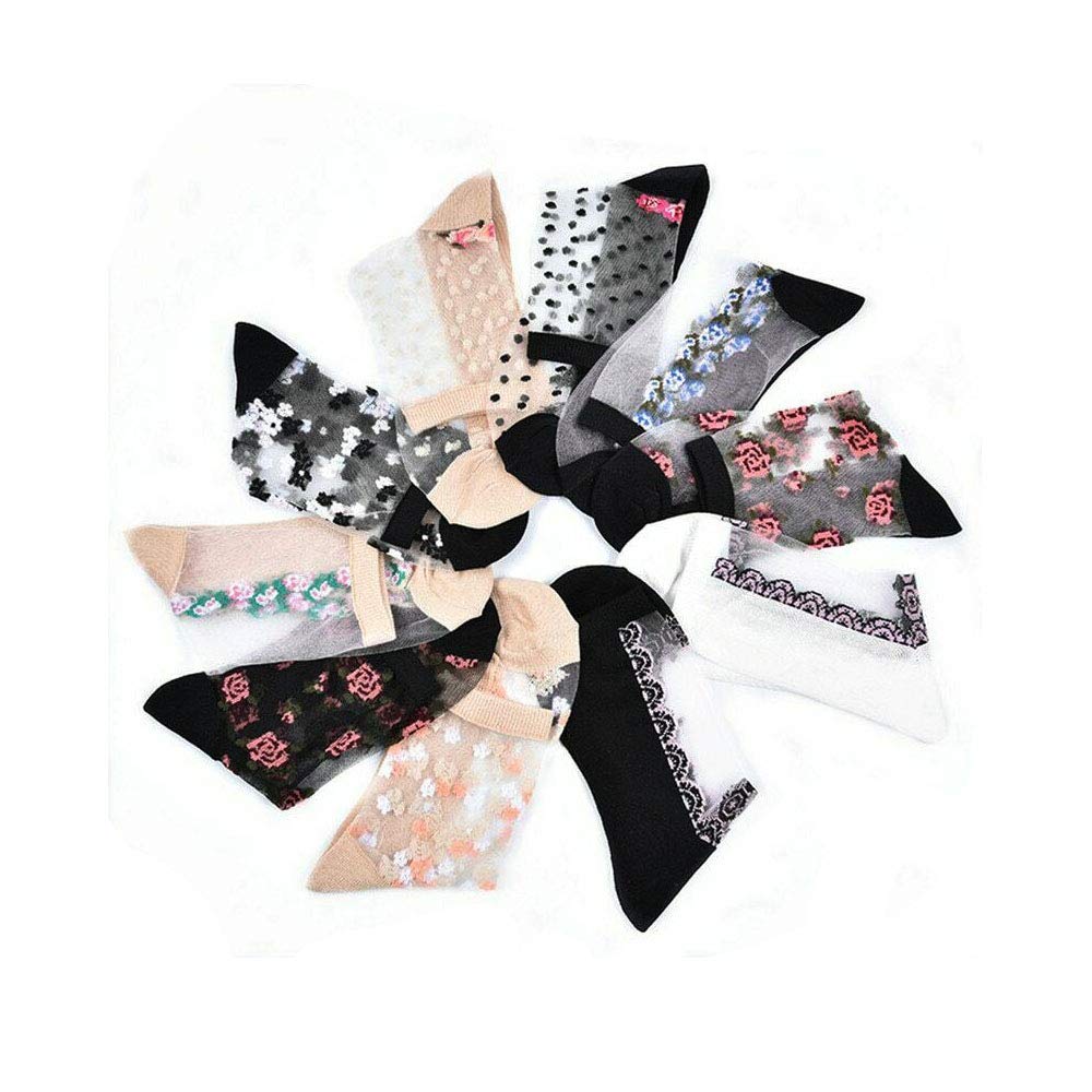 Acxico 10 Pairs Women's Floral Silk Socks - Breathable Thin Short Socks for Spring & Summer | Perfect for Weddings, Office Wear & Casual Outfits