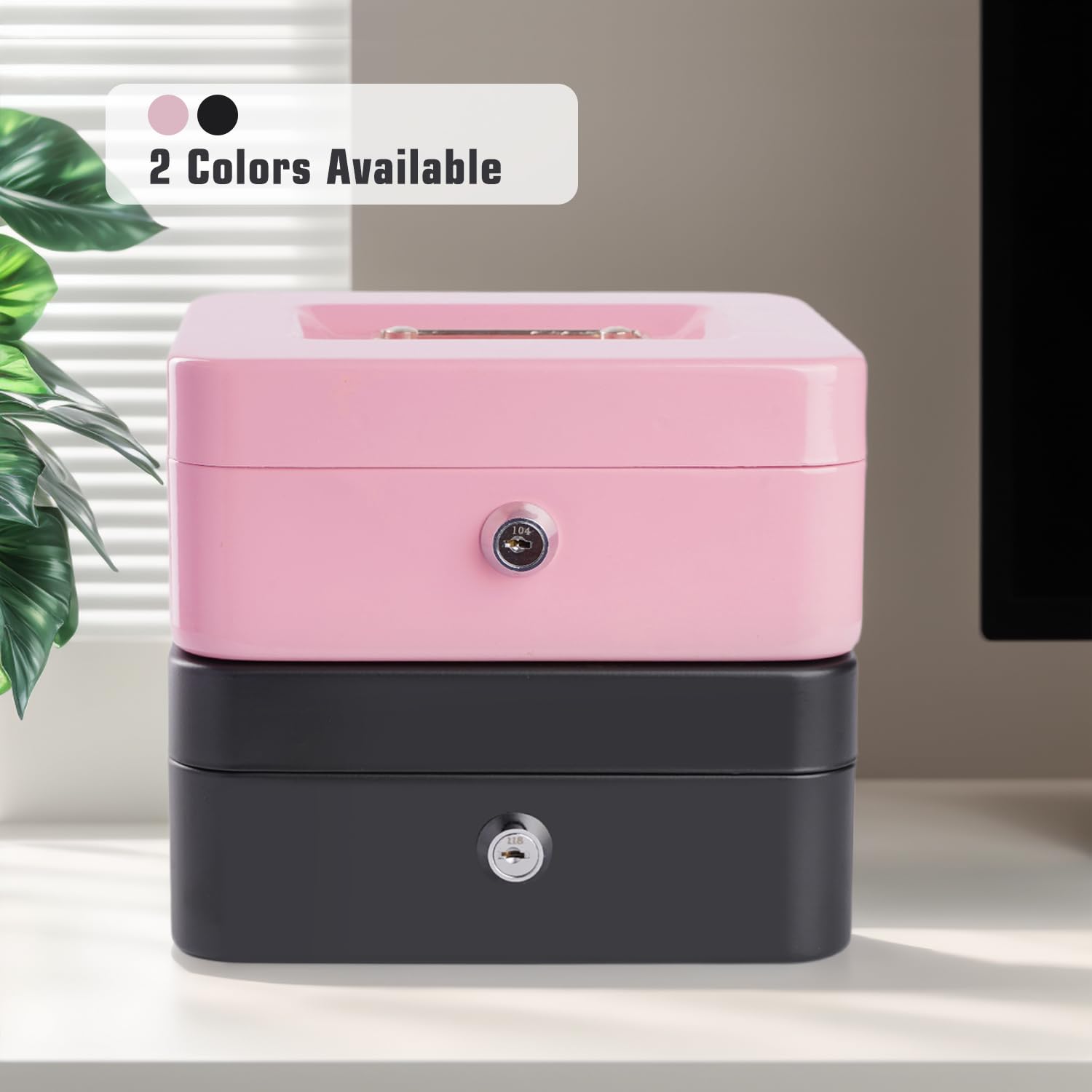 Pink Metal Cash Box with Lock & Money Tray - 7.87 x 6.3 x 3.54 Inch Secure Money Storage Box for Home, Office, Retail & Events