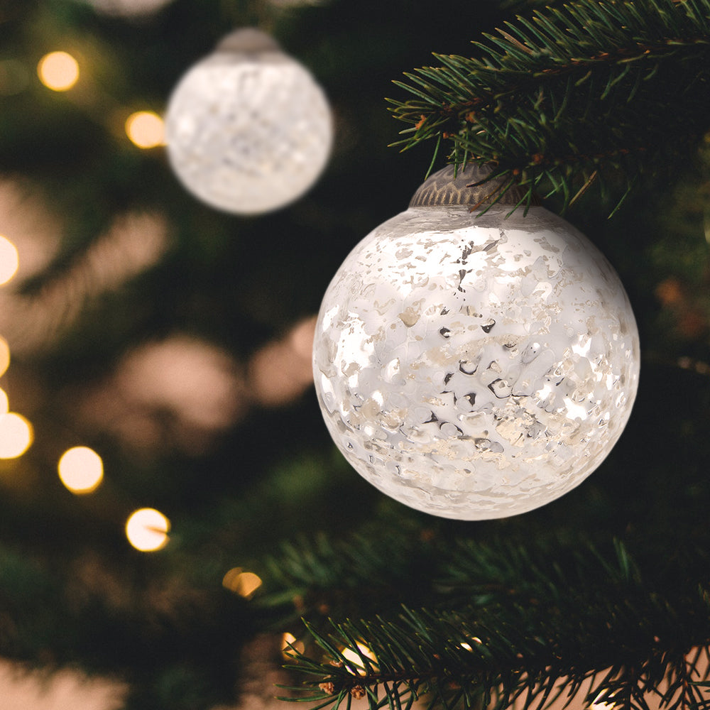 3 Pack Silver Joy Mercury Disco Ball Glass Ornaments - Christmas Tree Decorations for Holiday Party, Home & Office Decor