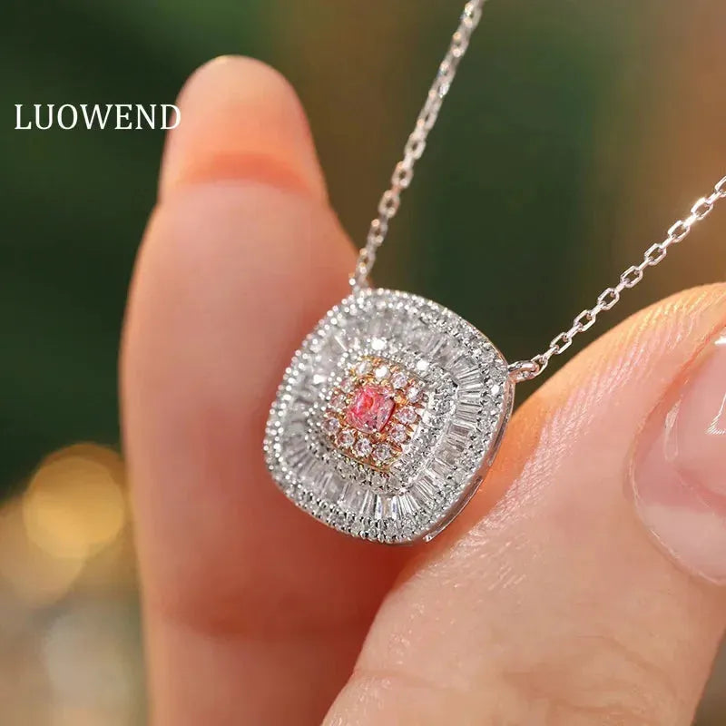 18K White Gold Pink Diamond Pendant Necklace for Women - Square Cut Shiny Real Natural Diamond Jewelry - Perfect for Parties, Weddings & Special Occasions