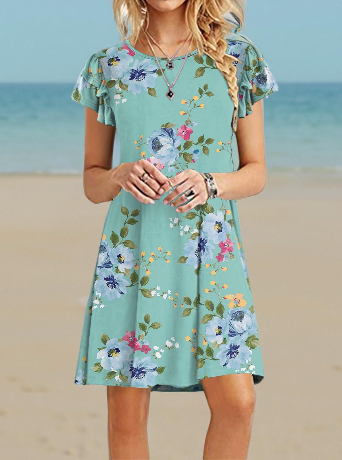 DB MOON Women's 2025 Mini Summer Dress - Casual Ruffle Short Sleeve Crew Neck Flowy Dress with Pockets | Perfect for Beach, Vacation & Date Night Outfits