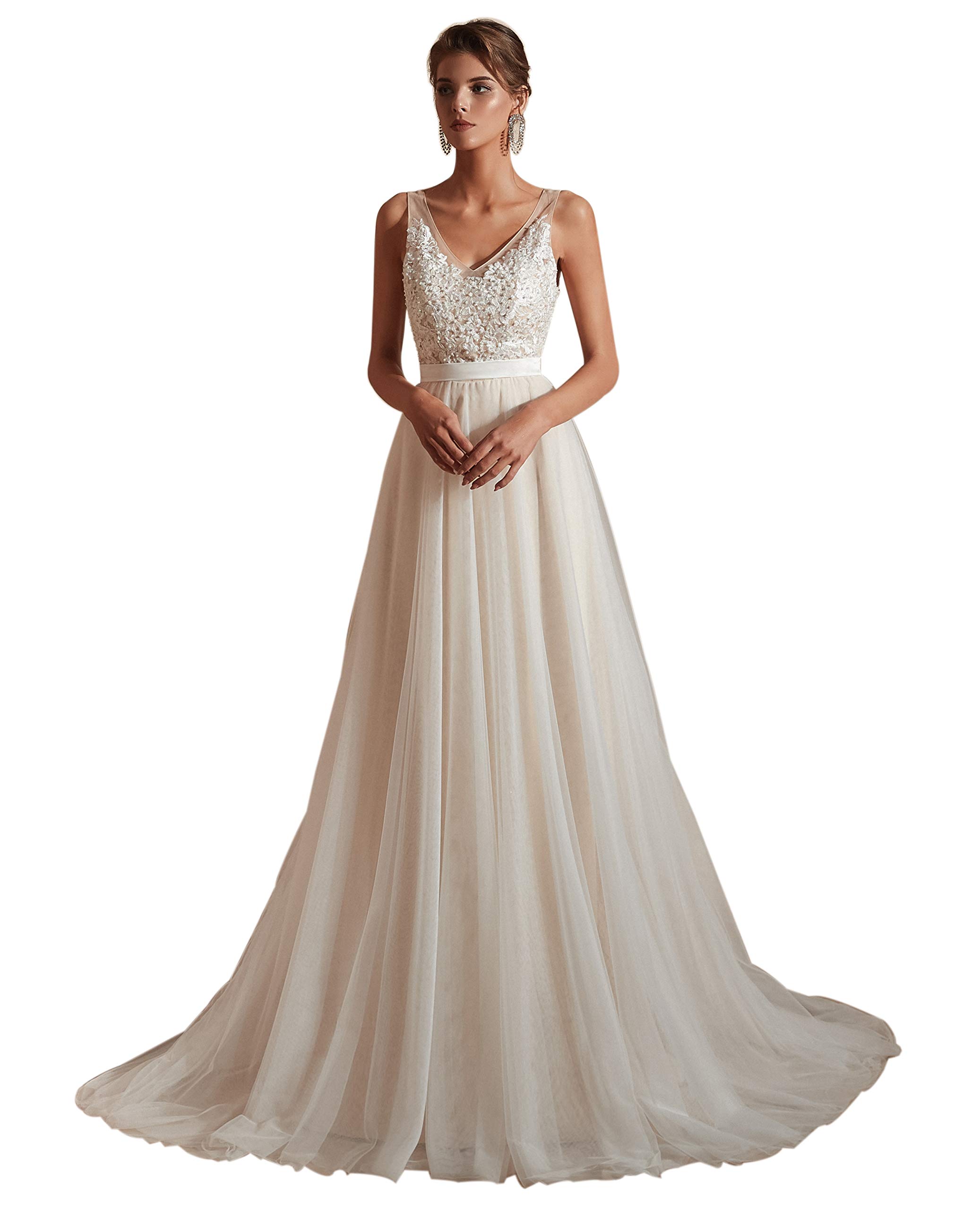Elegant Beaded Lace Applique A-Line Wedding Dress for Women | Beach, Destination & Summer Weddings | Perfect for Outdoor Ceremonies & Boho Bridal Style