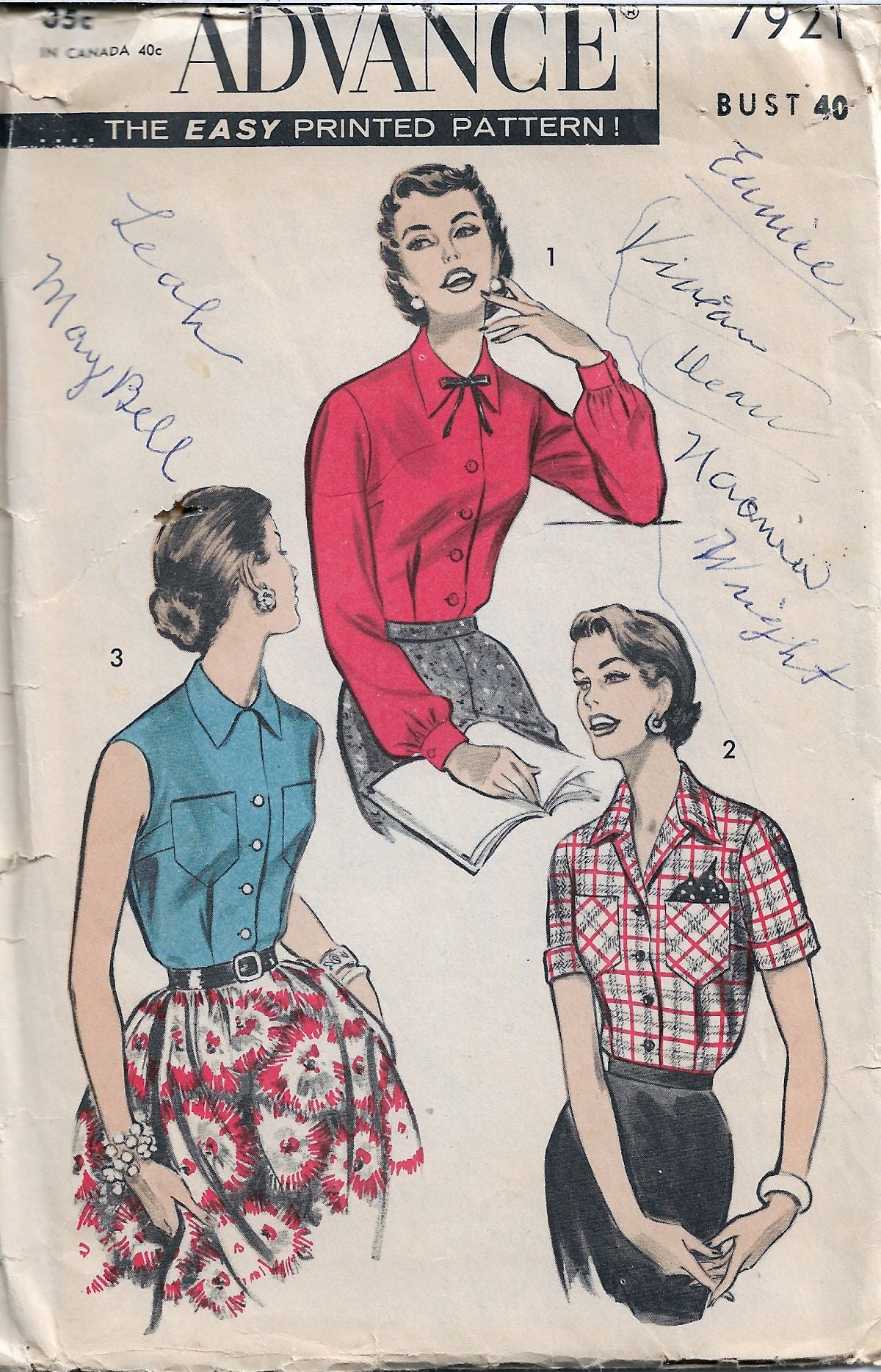 Vintage 1950s Button Front Shirtwaist Blouse Sewing Pattern - Advance 7921 - Perfect for Retro Fashion, Costume Making & Historical Clothing Reproduction