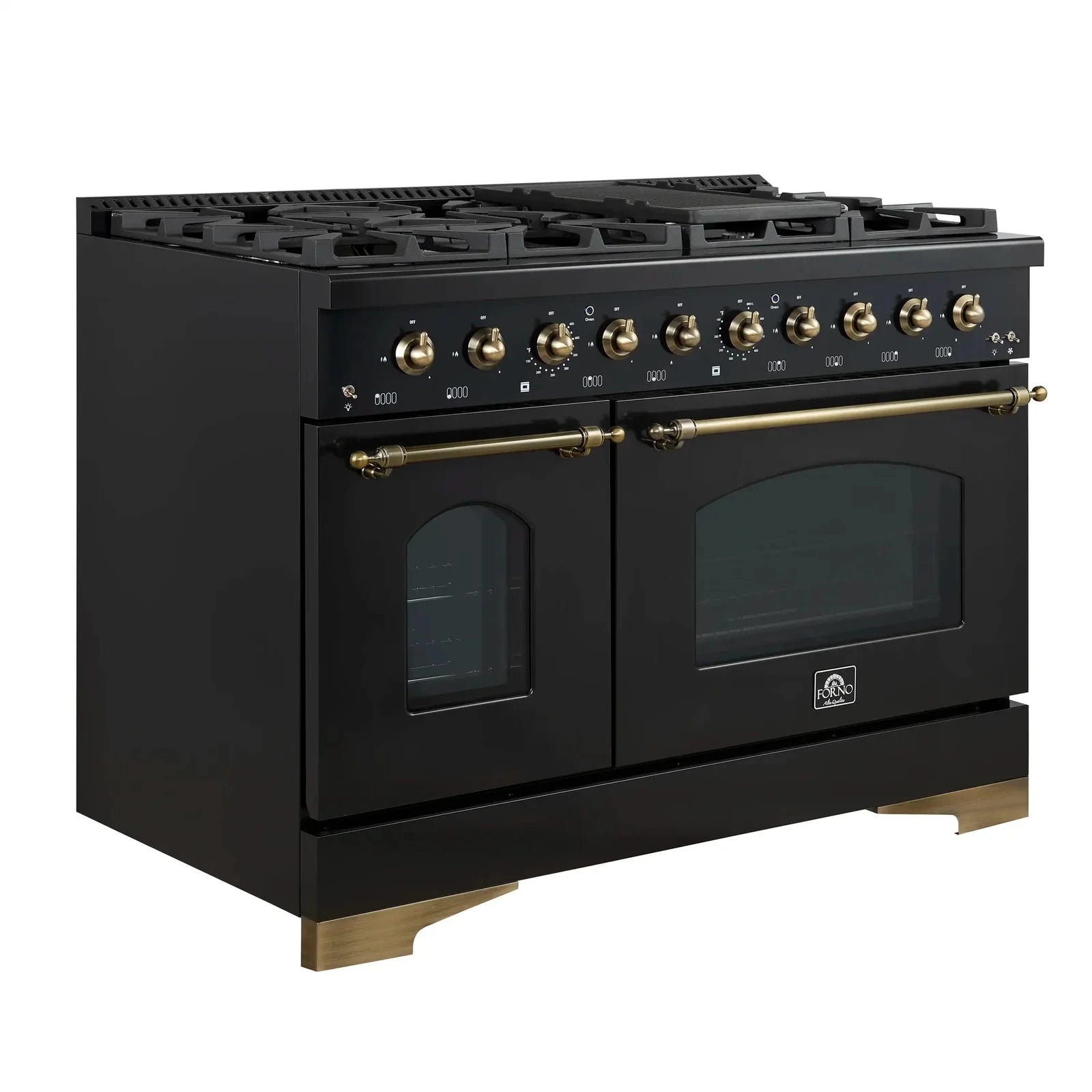 **Forno Antico 48-Inch Dual Fuel Range with 8 Gas Burners & Electric Convection Oven - Black Finish & Antique Brass Trim (Model FFSGS6113 48BLK) - Perfect for Professional Kitchens & Home Chefs**