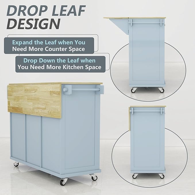 Rolling Kitchen Cart with Storage & Drop Leaf - Grey Blue for Cooking & Dining