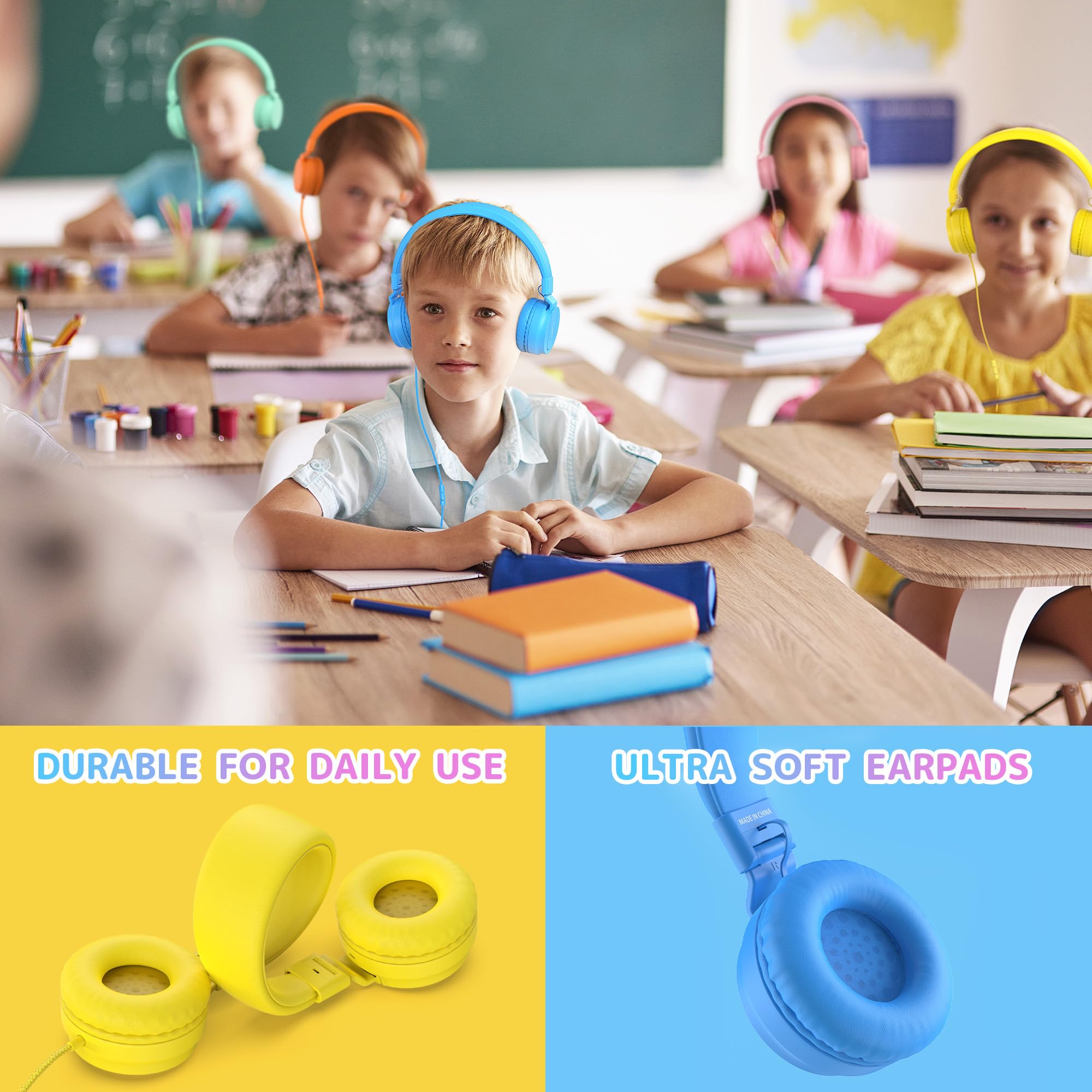 AILIHEN 10 Pack Classroom Headphones for Kids - 93dB Volume Limited Wired On-Ear Headset with Microphone, Durable 3.5mm Jack for School K-12 Students, Chromebook, Computer & Library Use - Perfect for Online Learning, Classroom Activities & Quiet Study Time