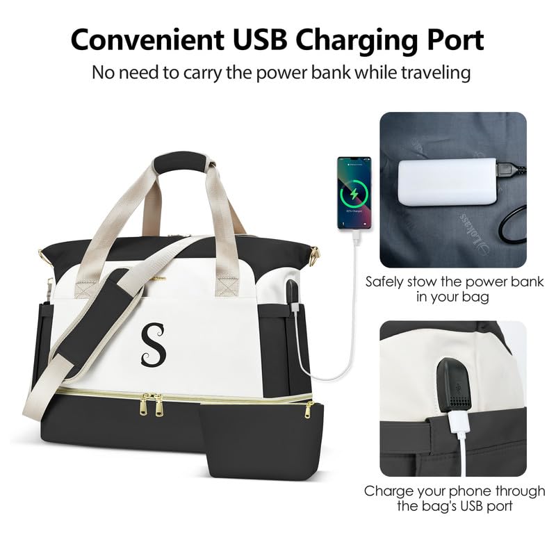 Personalized Initials Women's Travel Duffel Bag with Shoes Compartment & USB Charging Port - Gym Yoga Weekender Overnight Bag for Women - Perfect for Travel, Workouts, Yoga Classes and Weekend Getaways in Beige