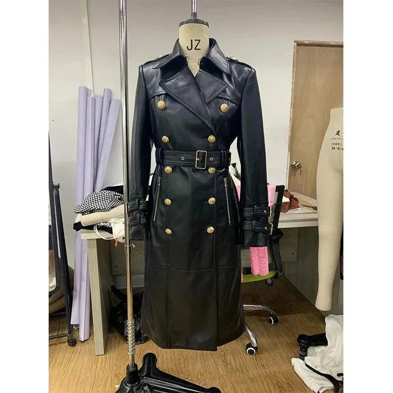 Double Breasted Leather Trench Coat for Women - Stylish Winter Outerwear for Office & Evening Events