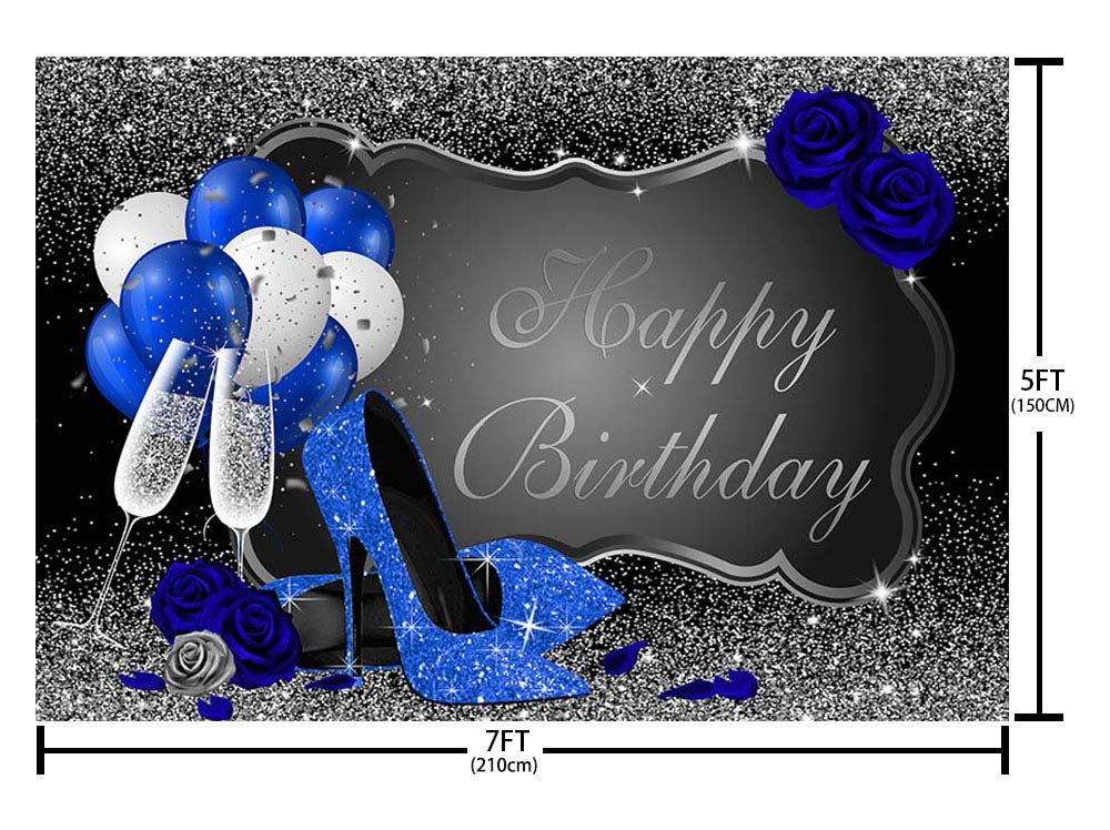 MEHOFOND Glitter Silver & Blue Birthday Backdrop - 7x5ft Women's Party Decor with Royal Blue Heels, Rose Balloons & Champagne Design - Perfect for Birthday Photography, Studio Props & Celebration Backgrounds