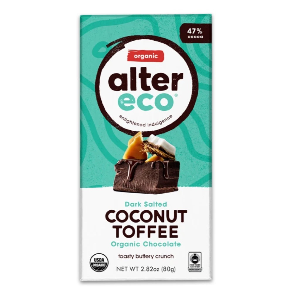 ALTER ECO Organic Dark Chocolate Coconut Toffee Bar - 47% Cocoa, 80g - Perfect for Gifts, Snacking & Healthy Desserts