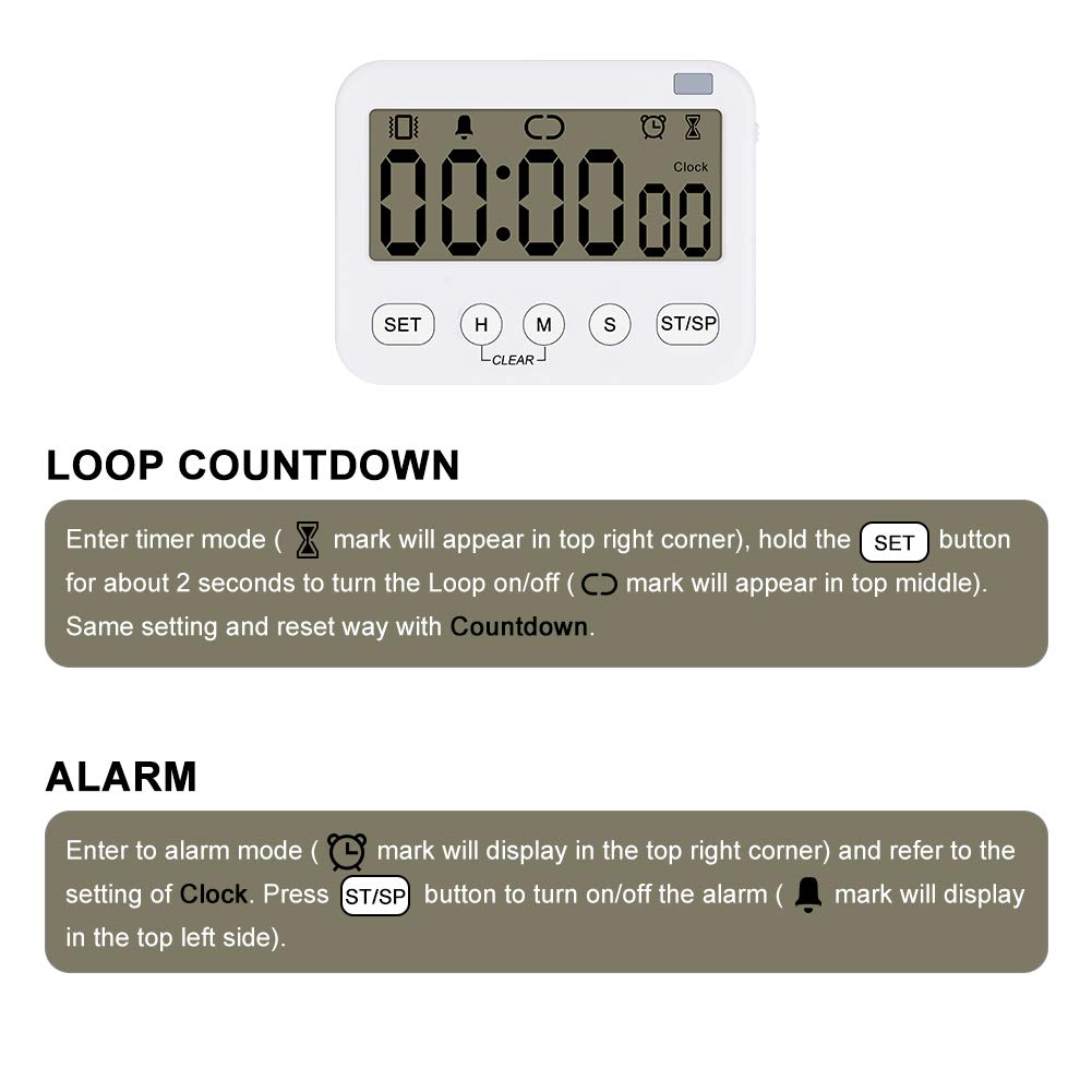 Stonylab 2 Pack Digital Timer Clock - Premium Multi-Function Countdown Timer with Alarm, Magnetic Back, Large Display (Vibration/Flash/Sound) - Perfect for Kitchen, Cooking, Baking, Meetings & Classroom Activities