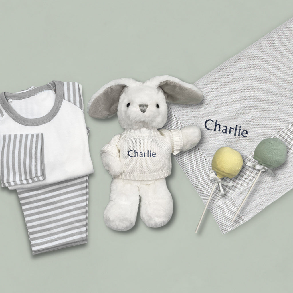 Personalized White Baby Bathrobe & Sleepy Time Hamper Set - Neutral Gender Bunny Theme for Newborns 0-12 Months | Perfect Baby Shower Gift & Nursery Essentials