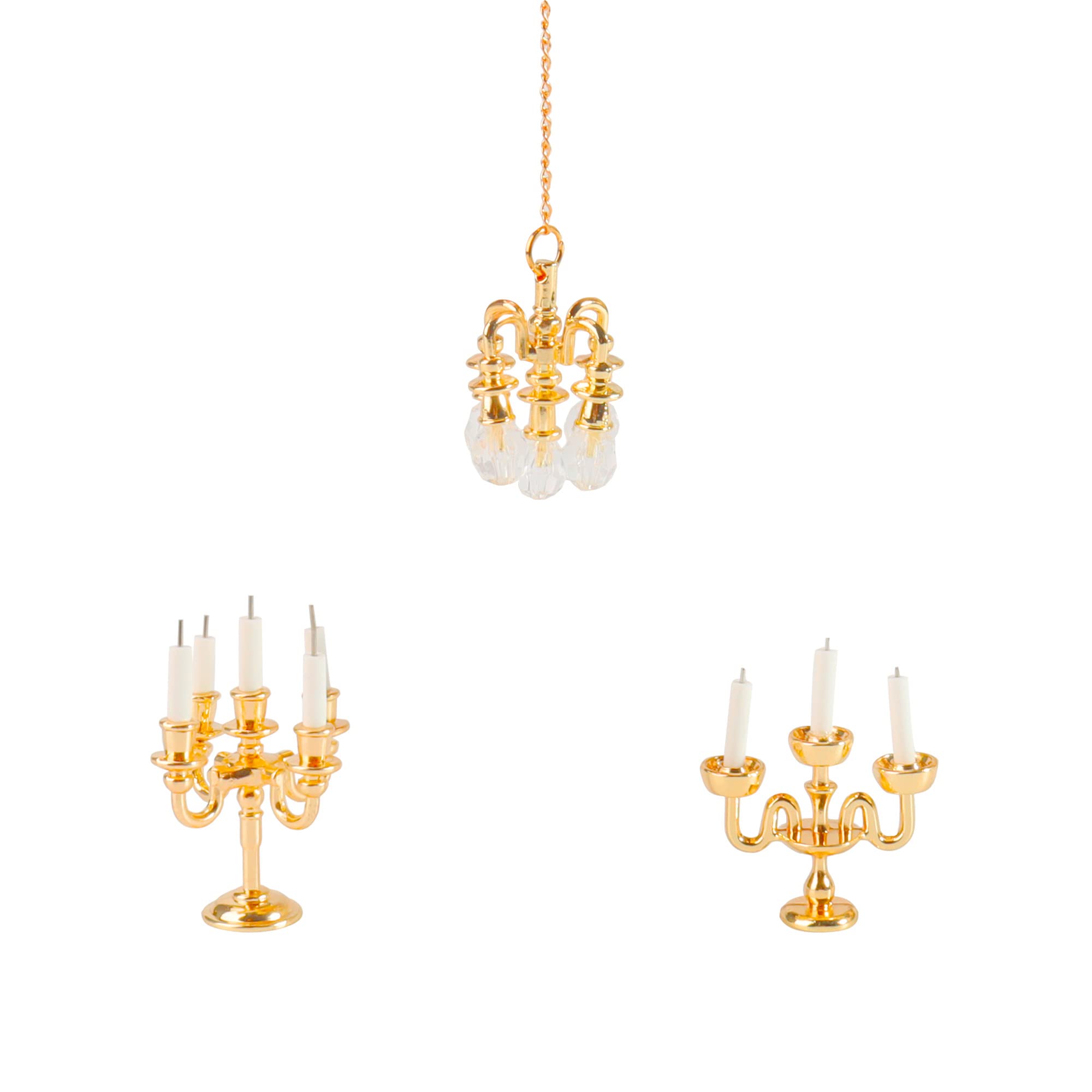 1:12 Scale Miniature Hanging Lamp Candle Set - 3 Piece Gold Mini Chandelier for Dollhouse Lighting | Perfect for Dollhouse Decor, Miniature Room Displays & Model Home Accessories