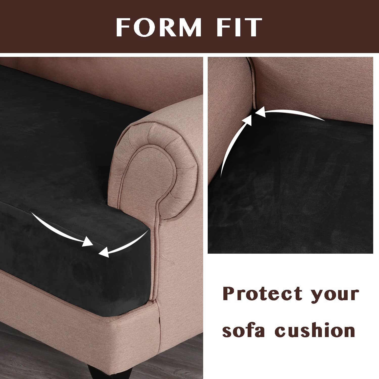Stretch Velvet 3-Piece Sofa Slipcover Set - Elastic T Cushion Covers for 3-Seat Couches (Black) | Living Room Furniture Protection & Home Decor Upgrade