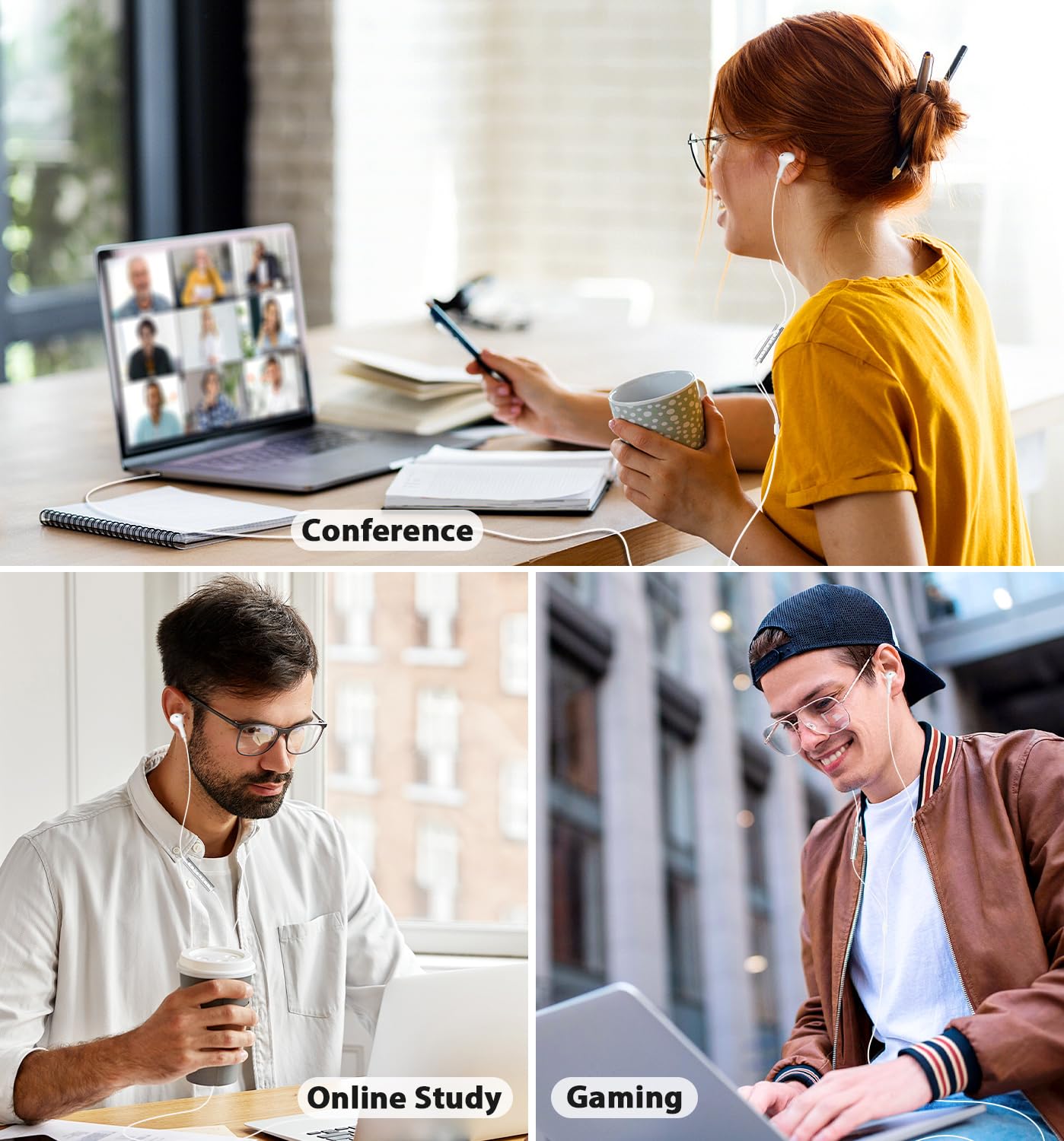ACAGET USB Earphones with Microphone - Magnetic USB A Headset Earbuds for PC/Laptop - Lightweight Computer Headphones with Audio Controls & Mute Function (White) - Compatible with Dell, Surface - Perfect for Online Meetings, Zoom Calls & Remote Work