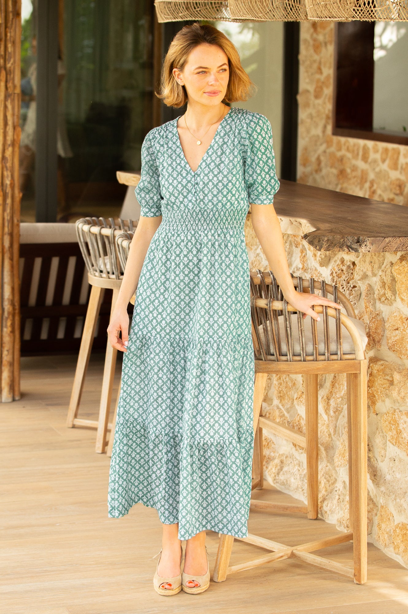 Billie Short Sleeve Organic Cotton Dress - Floral Print Sage/White | Casual Summer Outfit, Beach Coverup, Boho Style Dress for Women
