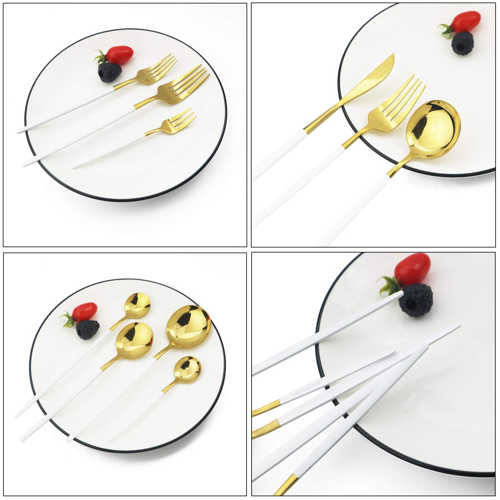 JASHII 32-Piece Stainless Steel Silverware Set - 4 Place Settings with Cake Forks & Long Handle Spoons - Elegant White & Gold Flatware Cutlery Set - Dishwasher Safe Tableware for Dining, Parties & Special Occasions