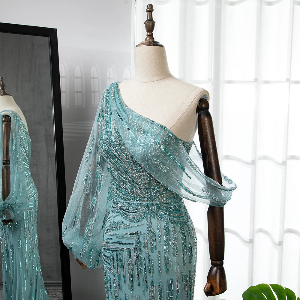 Elegant Luxury Beaded Turquoise Mermaid Evening Gown with High Split - Serene Hill Women's Party Dress LA71632 for Prom, Gala & Formal Events