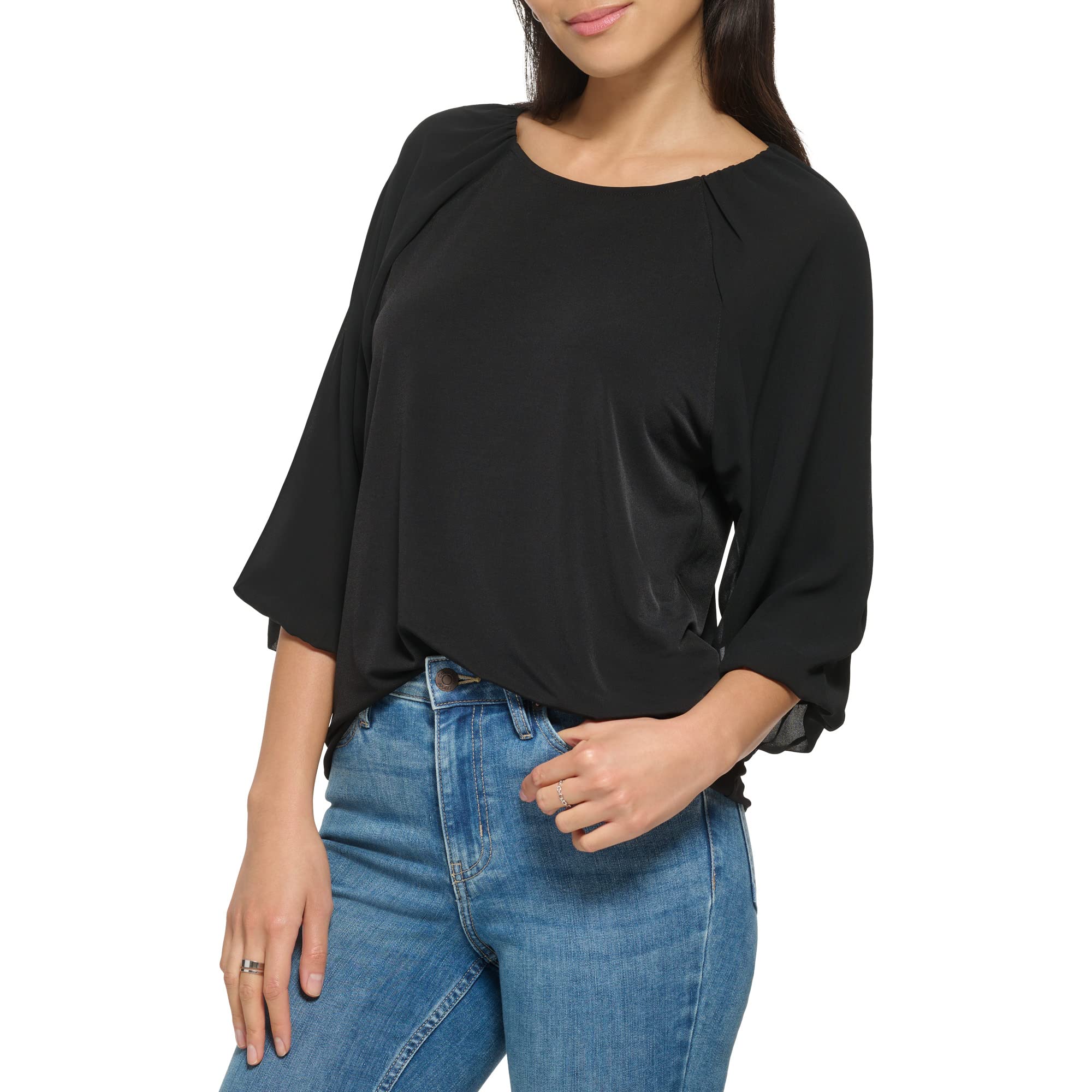 Calvin Klein Women's Loose Fitted Matte Jersey Mixed Media Lantern Sleeve Blouse | Casual Office Wear & Evening Outfits | Comfortable Stylish Top for Work & Social Events