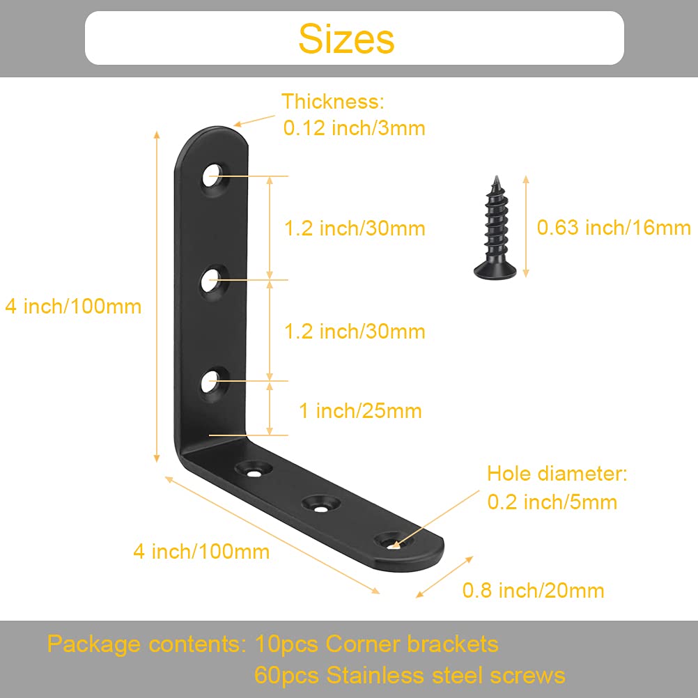 10Pcs Heavy Duty Stainless Steel L Bracket Corner Braces - 4 Inch Right Angle Shelf Brackets for Wood, Shelves & Wall Mounting (90 Degree Joint Support with Screws) - Perfect for Garage Storage, Closet Organizers & DIY Furniture Projects