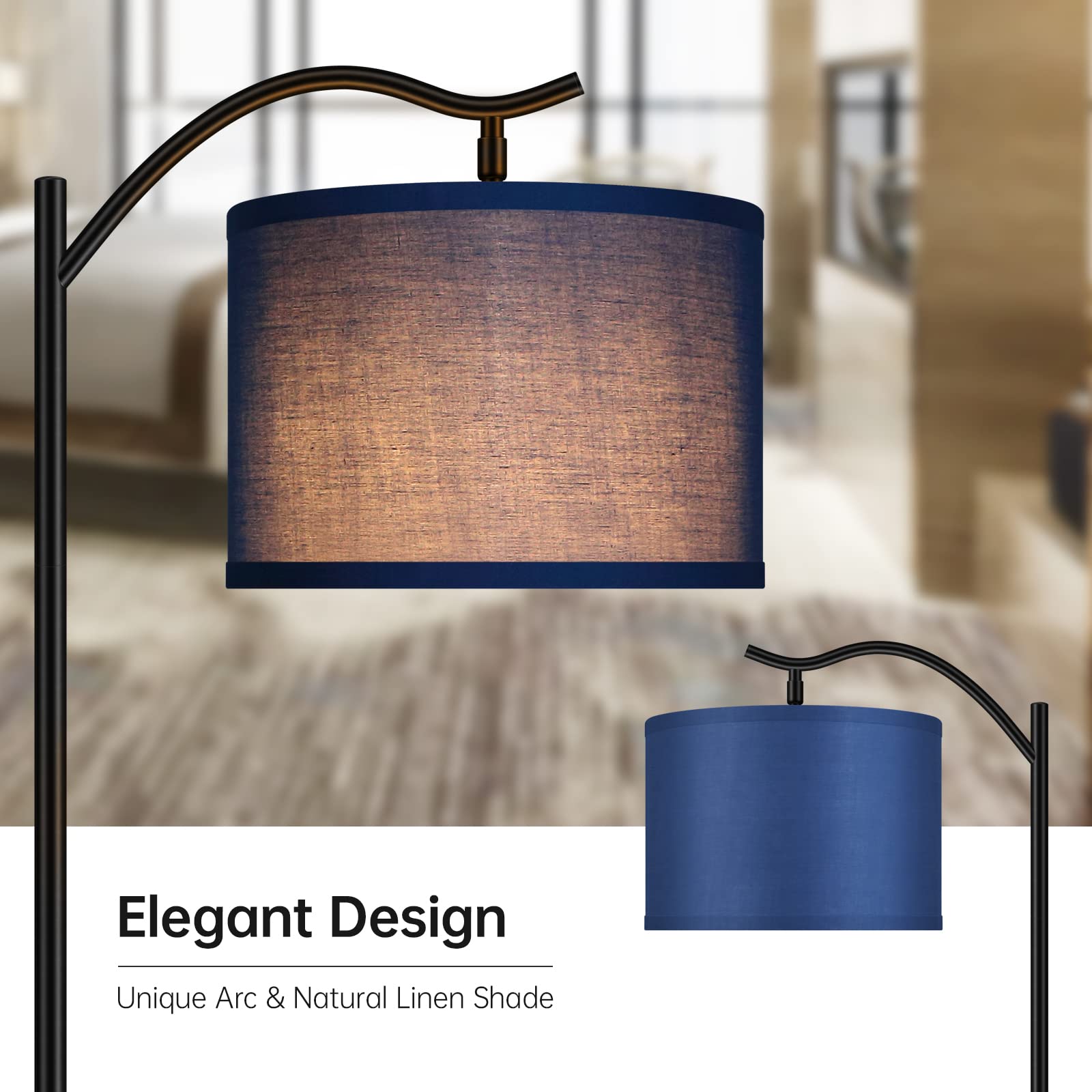 Modern LED Arched Floor Lamp with Blue Linen Shade - Tall Standing Light for Living Room, Bedroom, Office & Corner - E26 Socket & Footswitch - Mid Century Design for Home Decor & Reading Nook