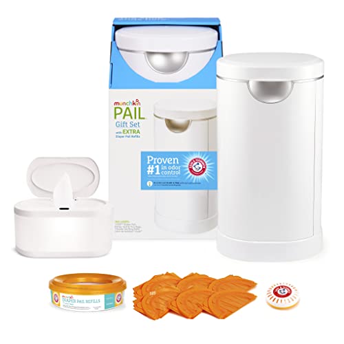 Munchkin Diaper Pail Starter Set with Arm & Hammer Odor Control | Touch-Free Baby Wipe Warmer | Nursery Essentials for Diaper Changing Station & Baby Care
