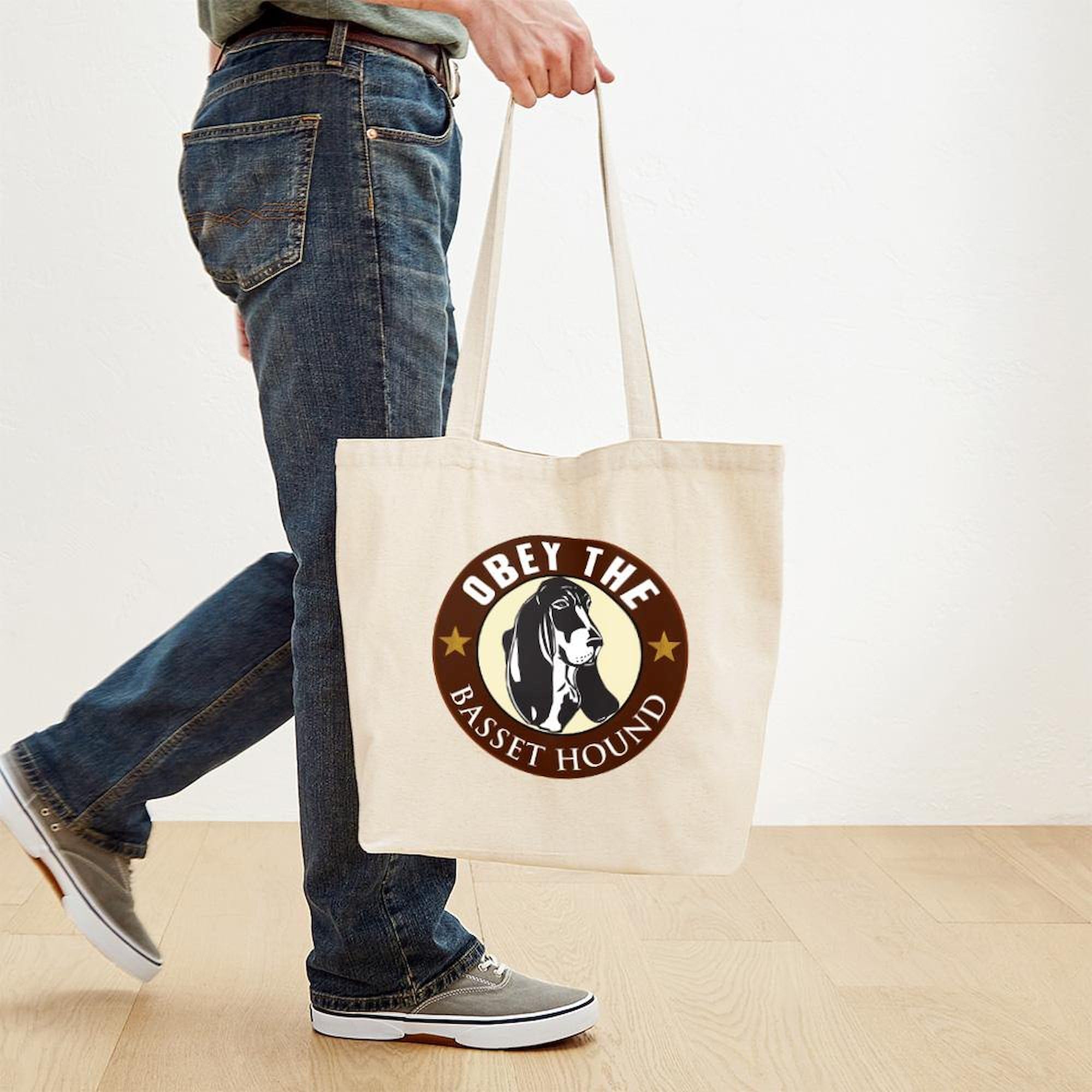 Obey The Basset Hound Natural Canvas Tote Bag - Eco-Friendly Reusable Shopping Bag for Groceries, Beach & Daily Use