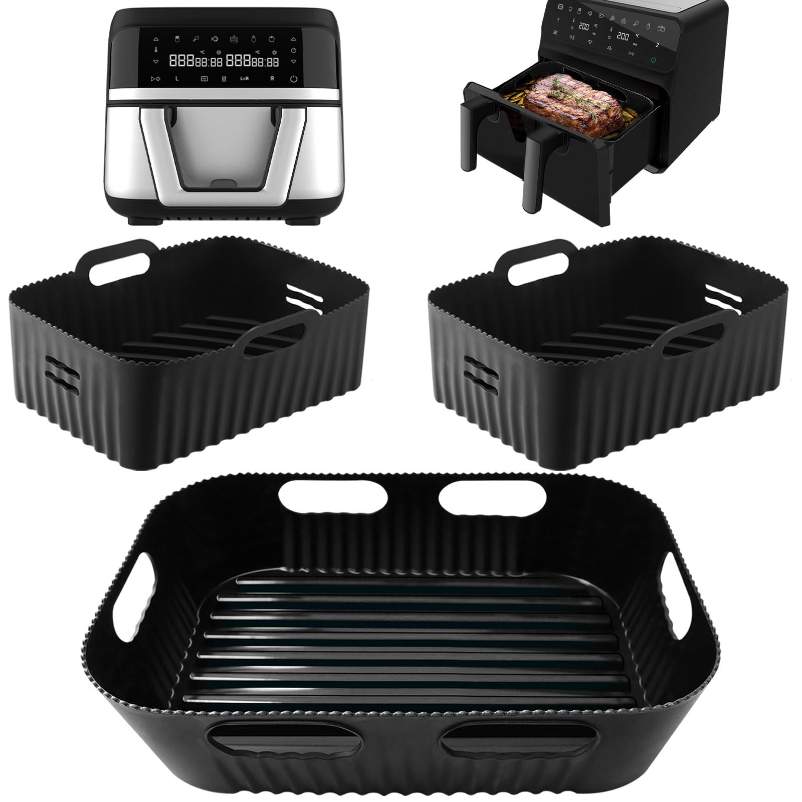 3PCS Air Fryer Accessories for Cecotec 9L Cecofry Dual 9000 - Reusable Air Fryer Basket & Tray Set (1 x 9L + 2 x 4.5L) - Perfect for Healthy Frying, Baking, Roasting & Reheating Food