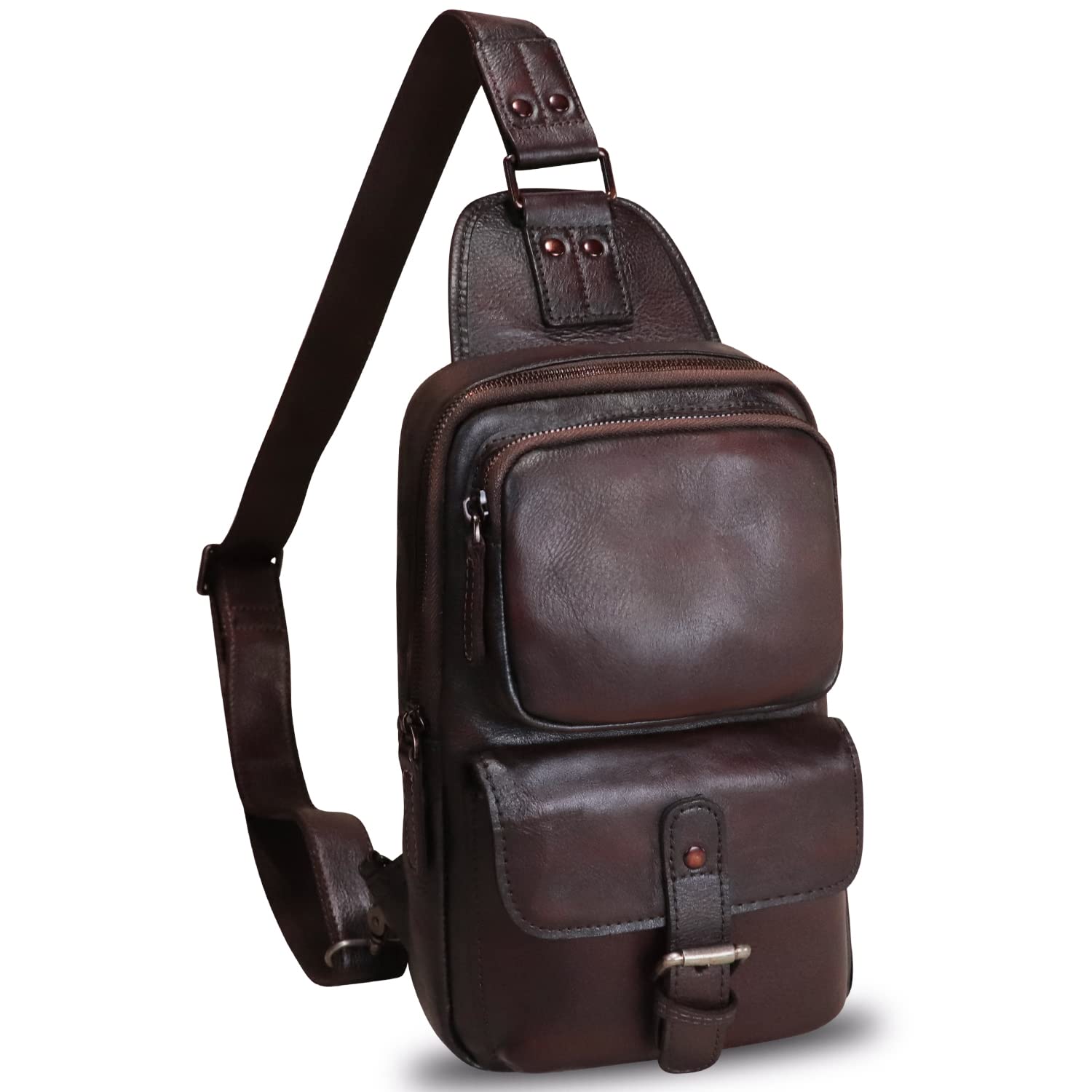 LRTO Genuine Leather Crossbody Sling Bag - Vintage Motorcycle Chest Pack, Handmade Hiking Daypack & Retro Shoulder Backpack for Men & Women (Coffee Brown) - Perfect for Outdoor Adventures, Travel & Daily Commute