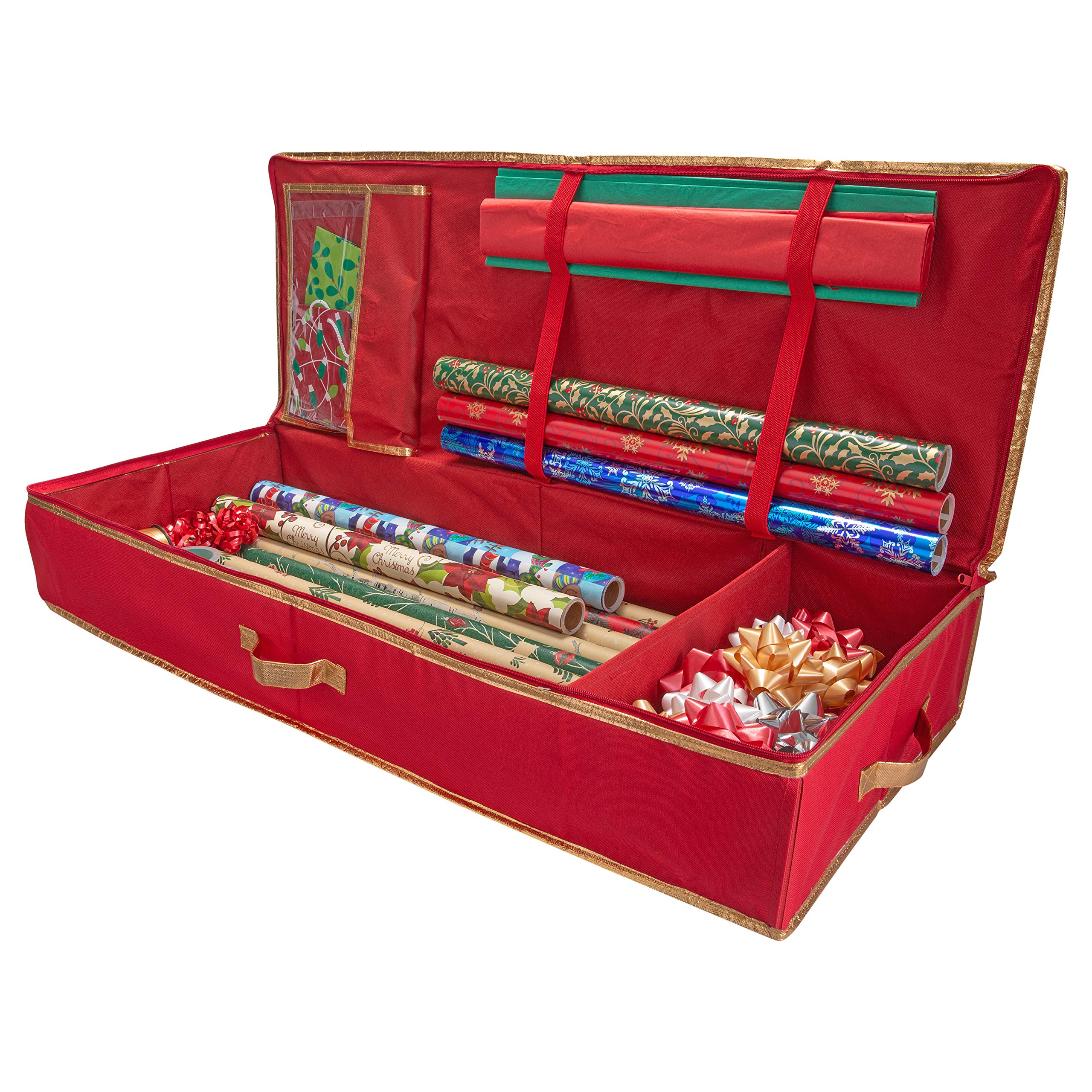 Simplify Holiday Gift Wrap Storage Tote with Compartments for Ribbons & Bows | Zipper Closure & Carry Handle | Christmas Organization Solution | Perfect for Wrapping Paper Storage, Holiday Decor Organization & Gift Wrapping Station (Red)