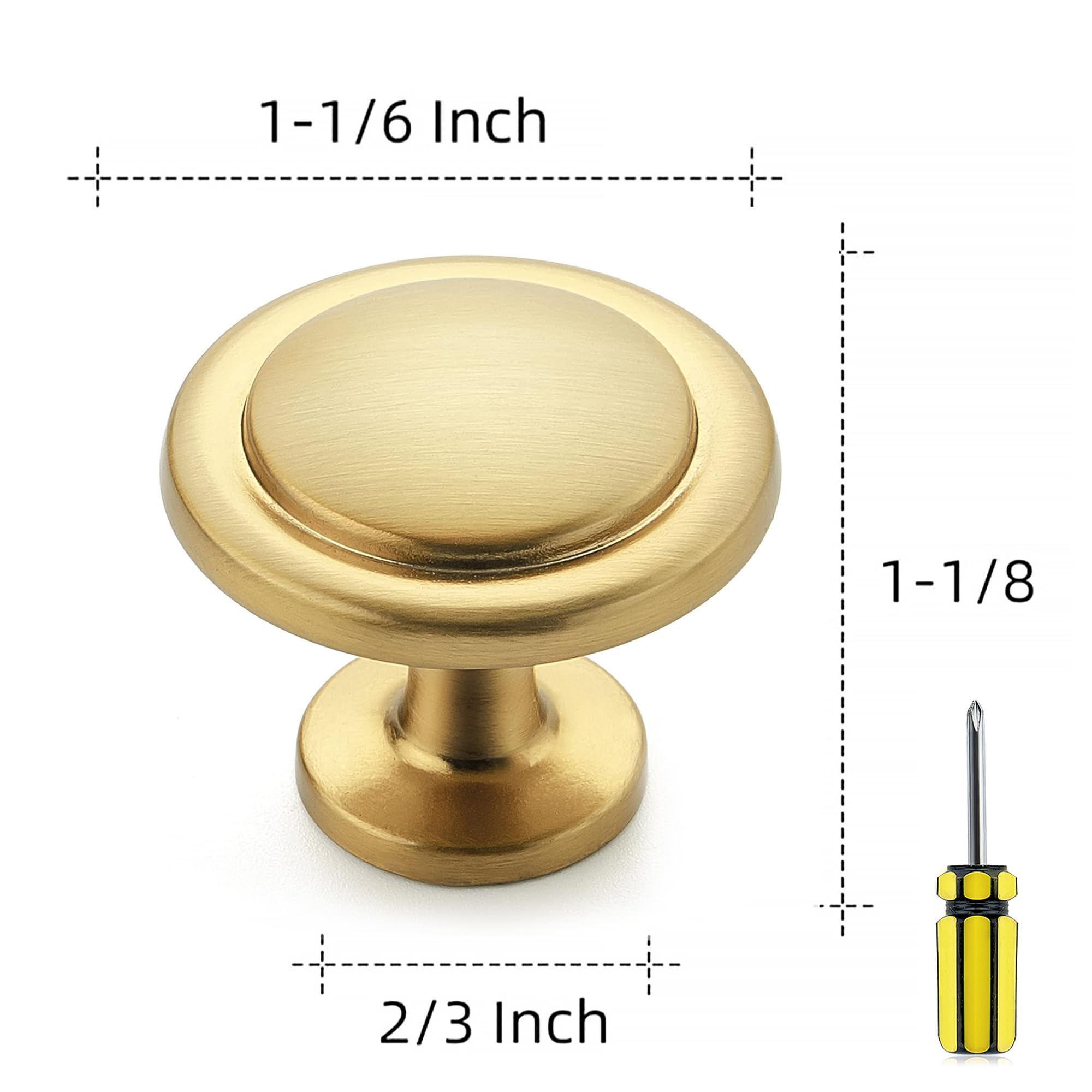 Brushed Brass Cabinet Handles 5 Pack - Gold Round Knobs for Kitchen & Dresser Drawers