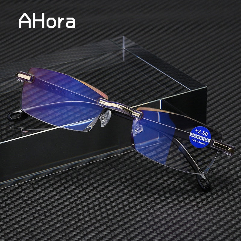 Unisex Rimless Square Alloy Anti Blue Light Reading Glasses for Computer & Screen Use - Reduce Eye Strain for Work, Gaming & Digital Reading